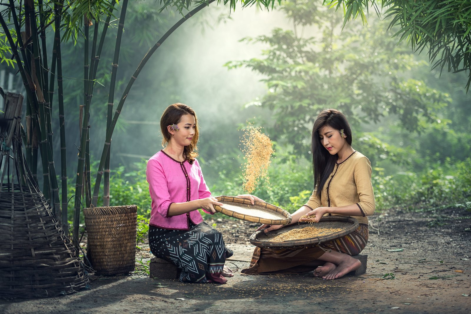 two woman sitting on stones holding basket sweet white mature vintage 2k 4k 5k