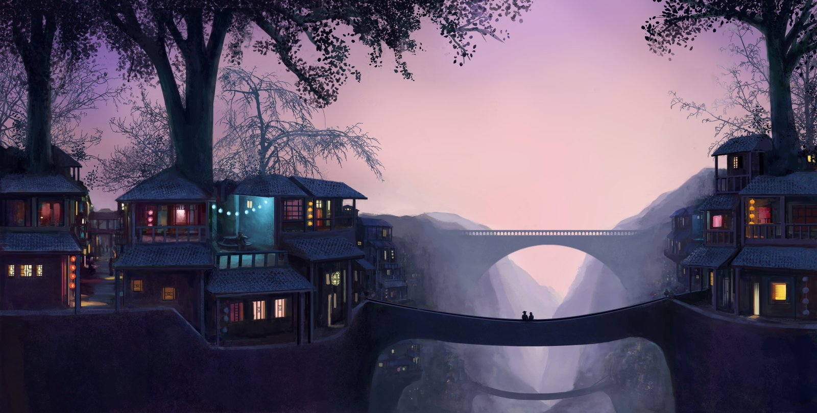 village painting fantasy art drawing architecture bridge 2k 4k 5k