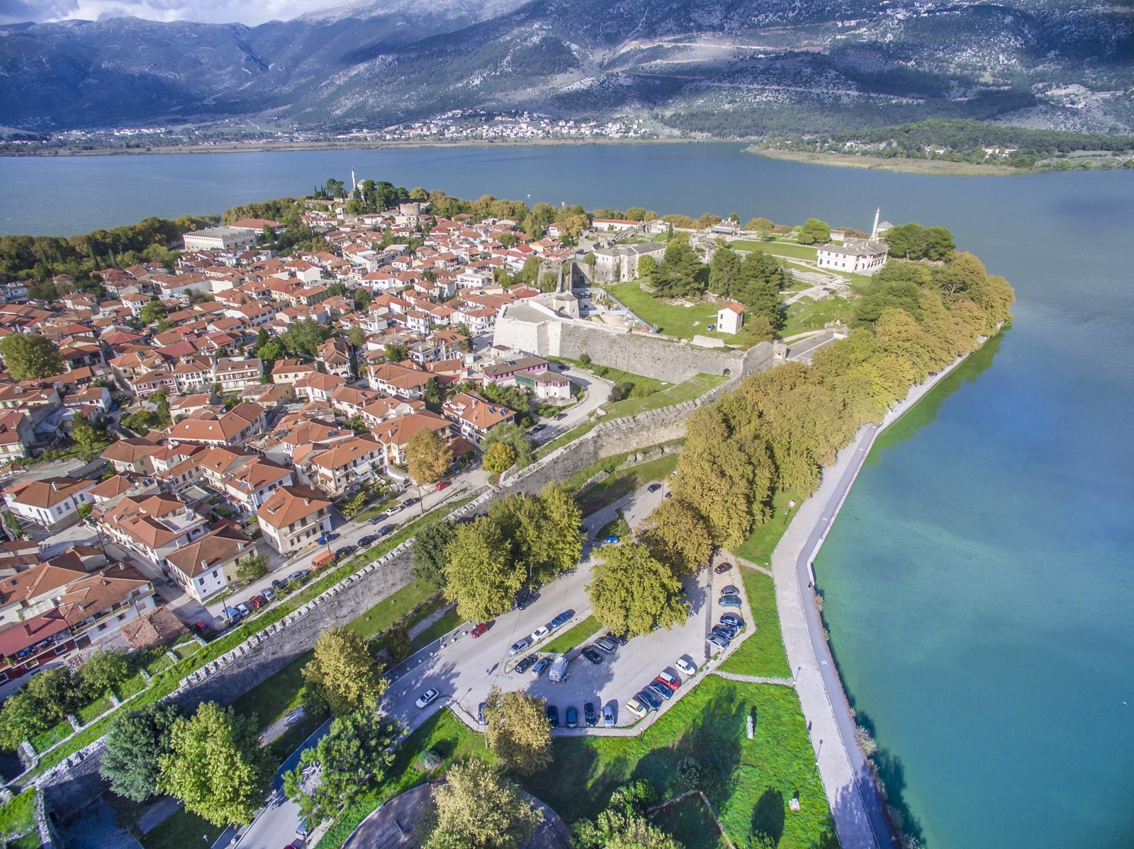 aerial view photography of a city ioannina lake mosque kale 2k 4k