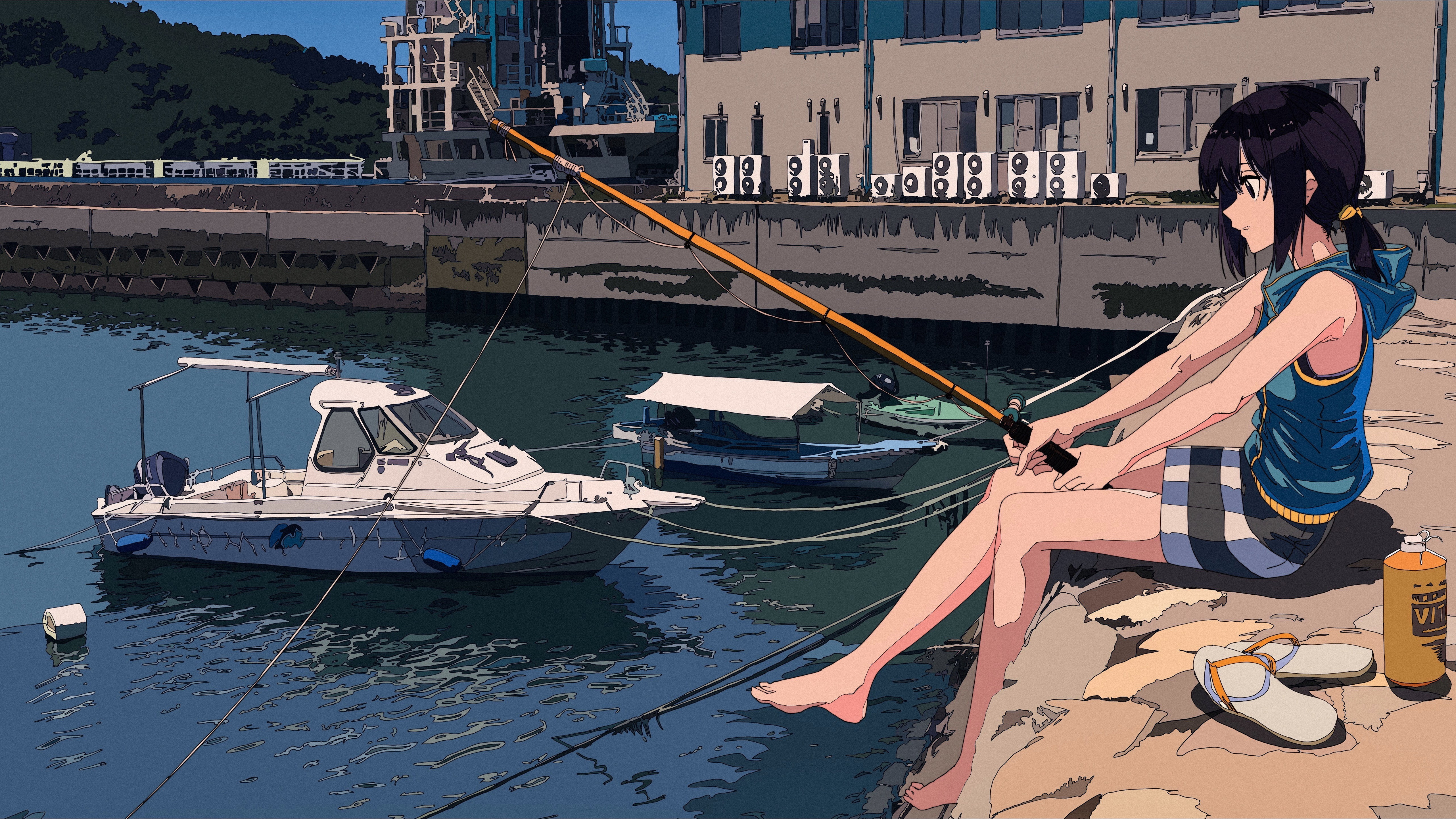 black haired female anime character illustration fishing barefoot 2k 4k 5k