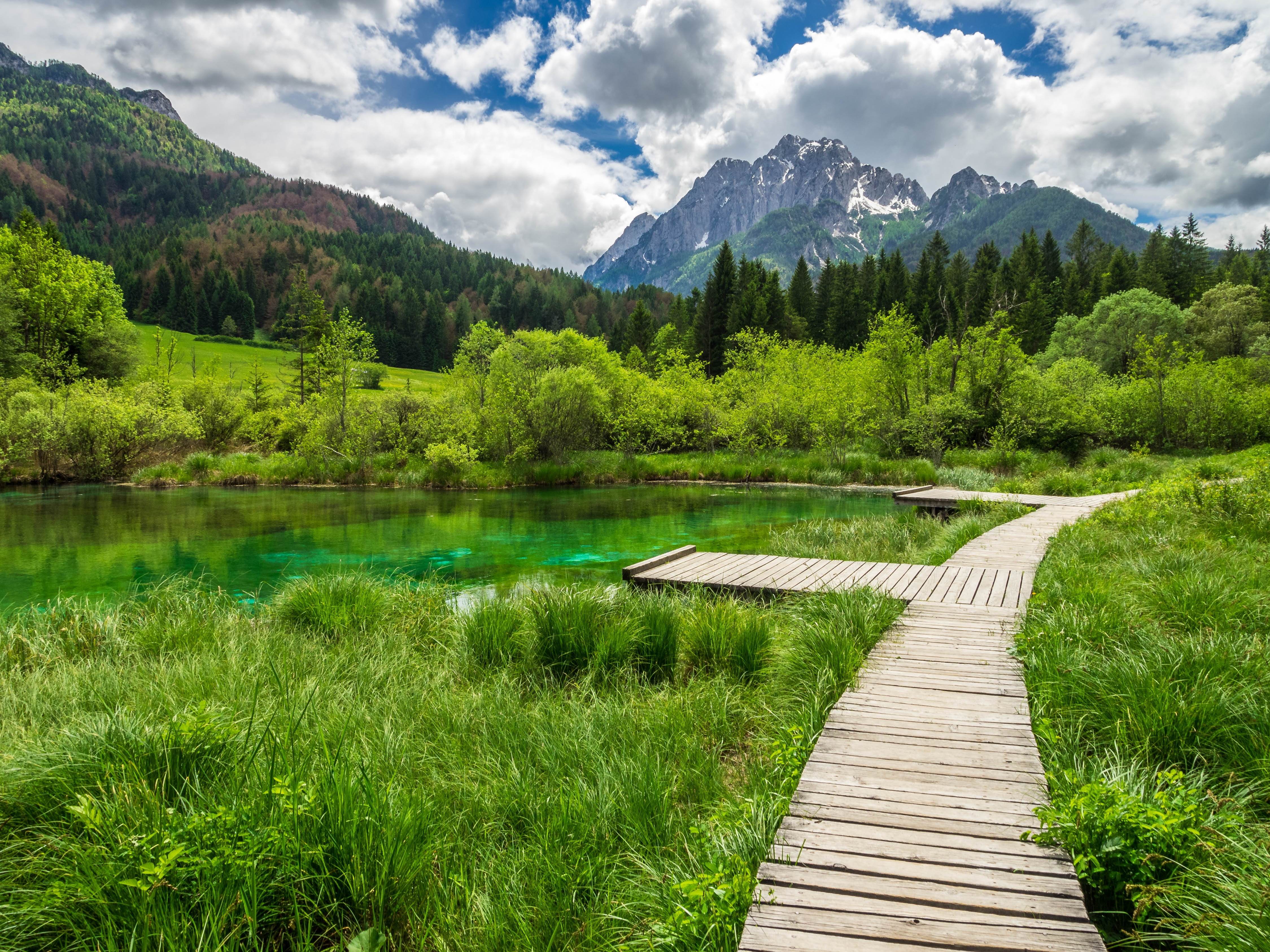 brown wooden dock near body of water and mountain under blkue sky at daytime 2k 4k