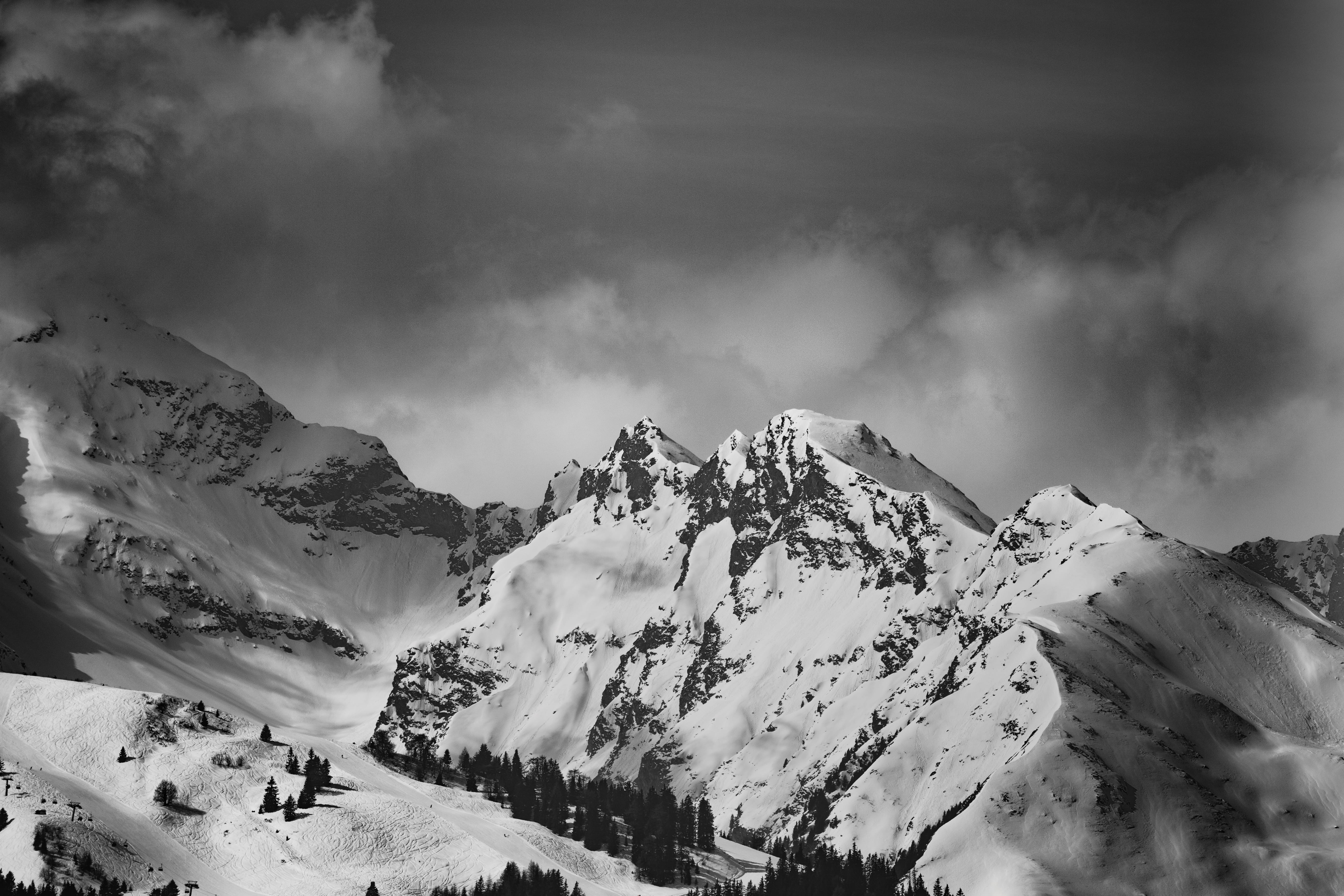 Grayscale Photo of Snow Capped Mountain wallpaper altitude 2k 4k 5k