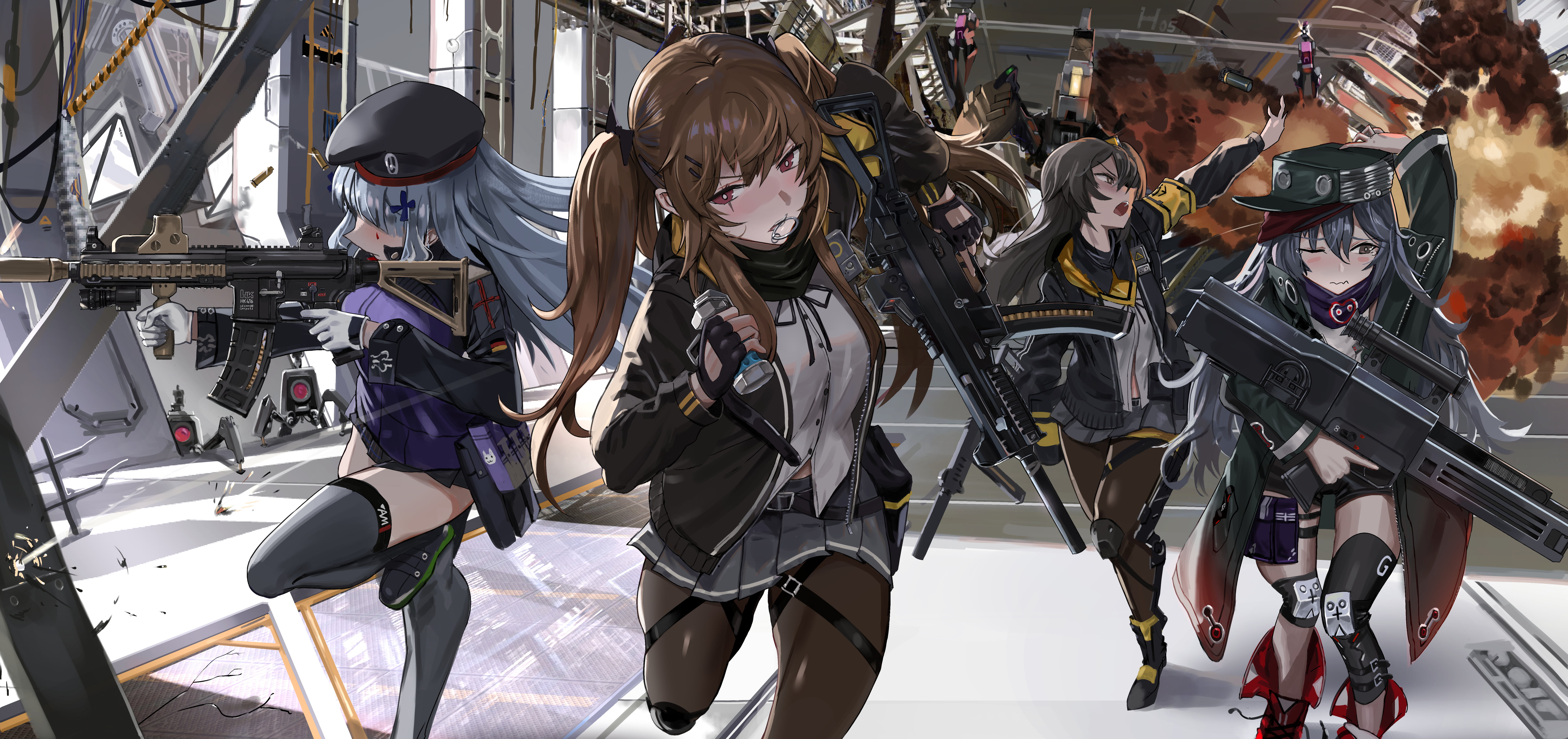 group of girls anime character explosion with guns black stockings 2k 4k 5k 8k