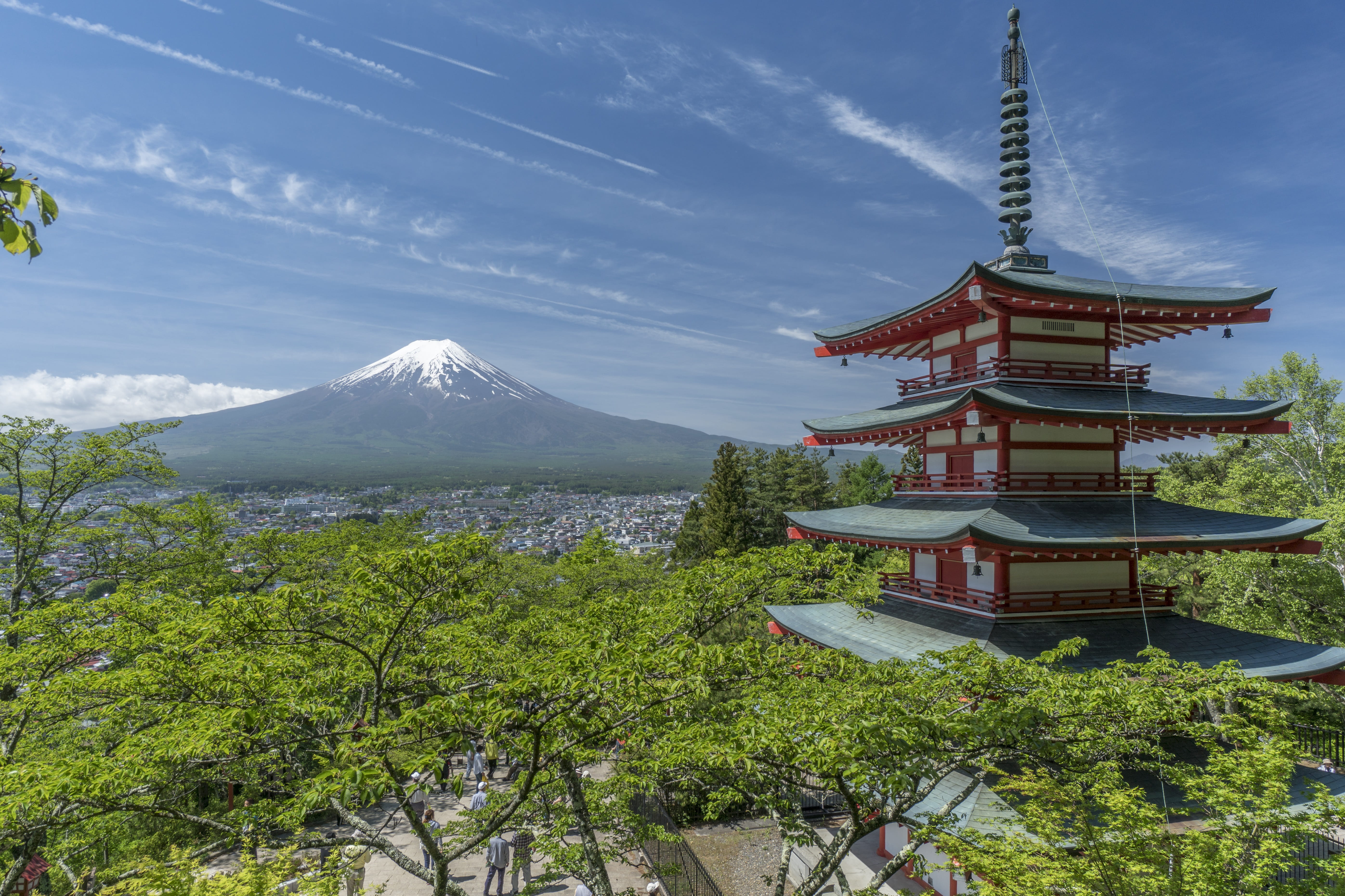 high view of temple surrounded green trees fuji mount pagoda 2k 4k 5k