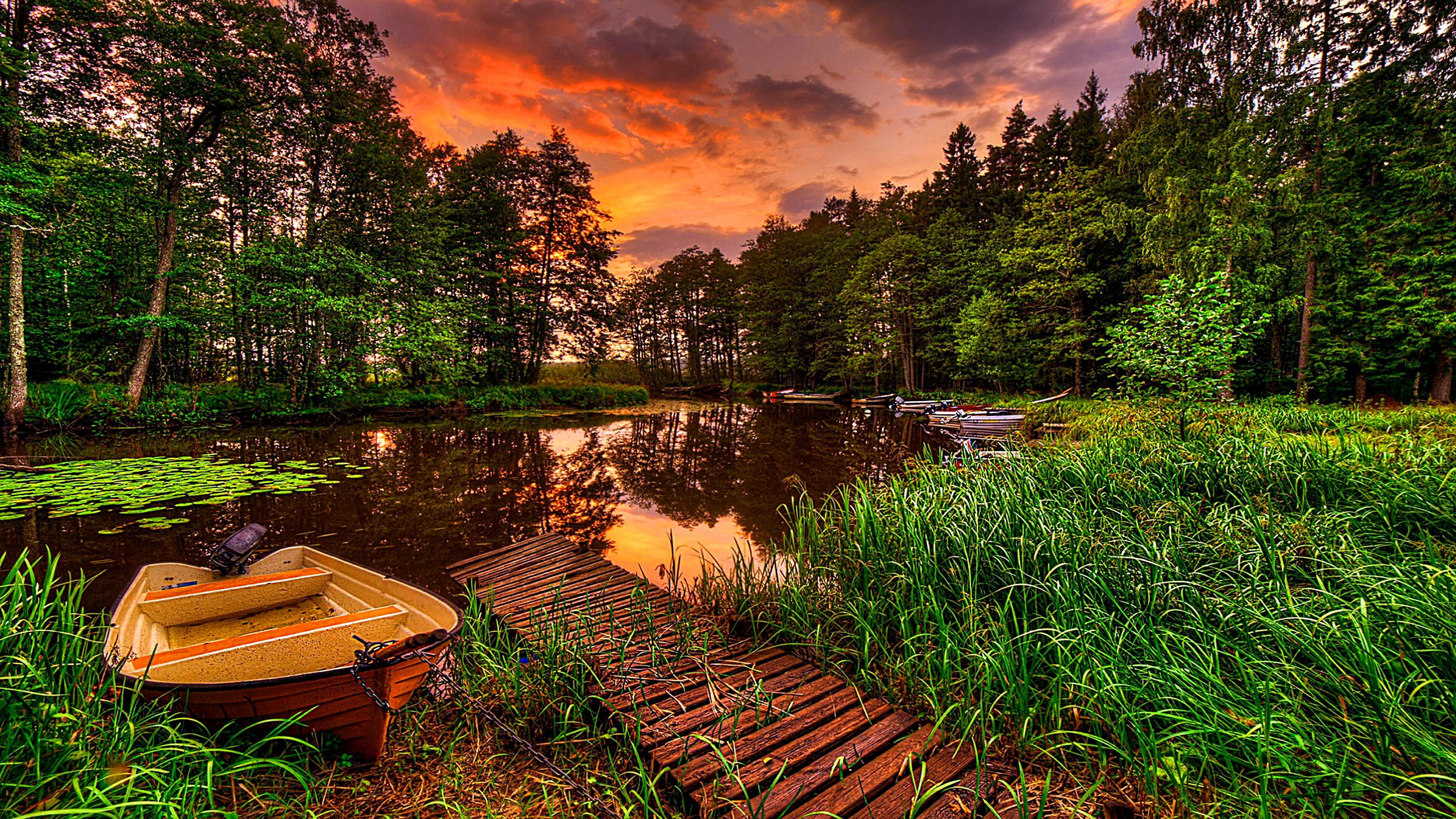 lake scenery forest trees boat pier sunset reflection 2k 4k