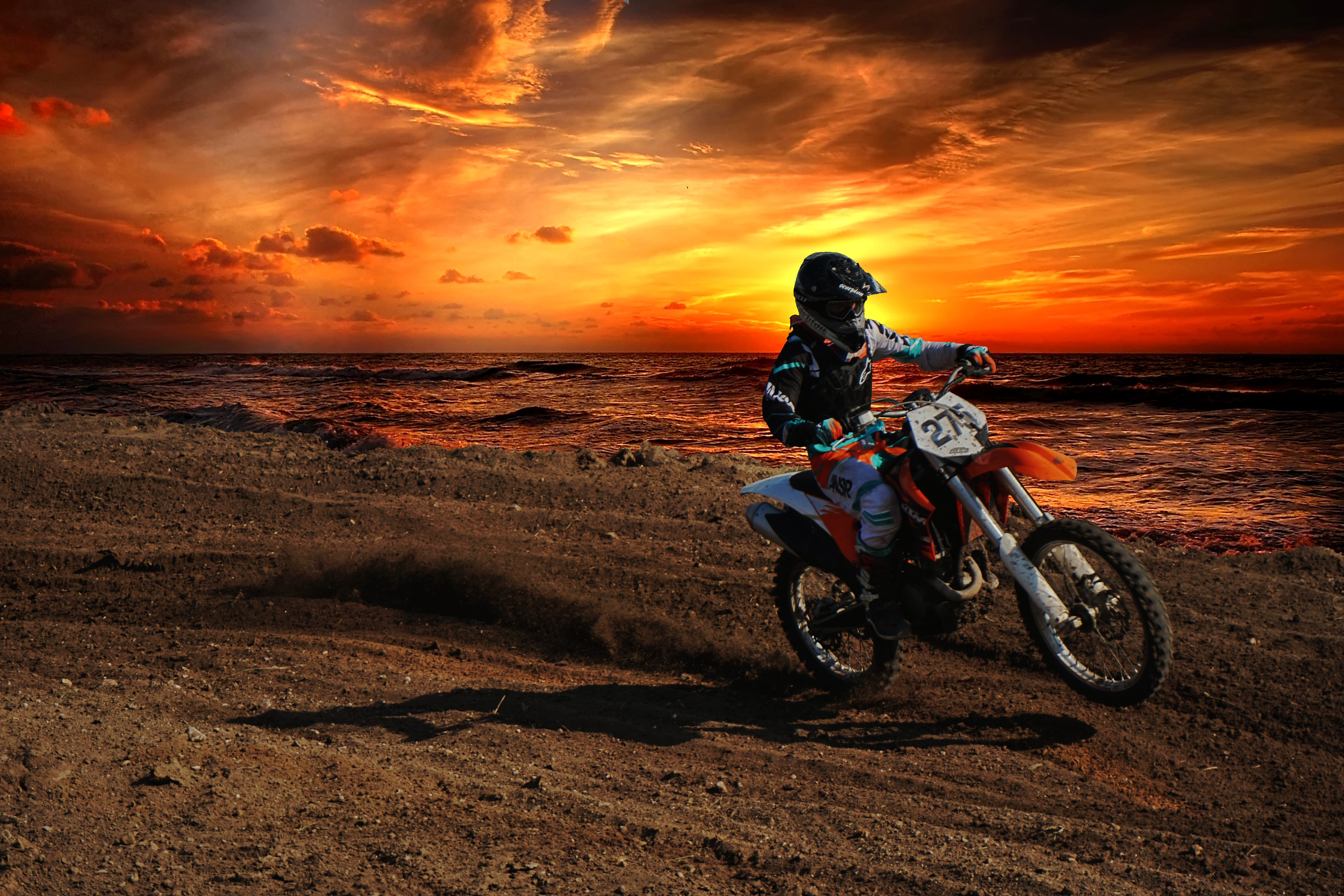 motocross sunset dusk sport dirt bike ktm rider ocean 2k 4k 5k