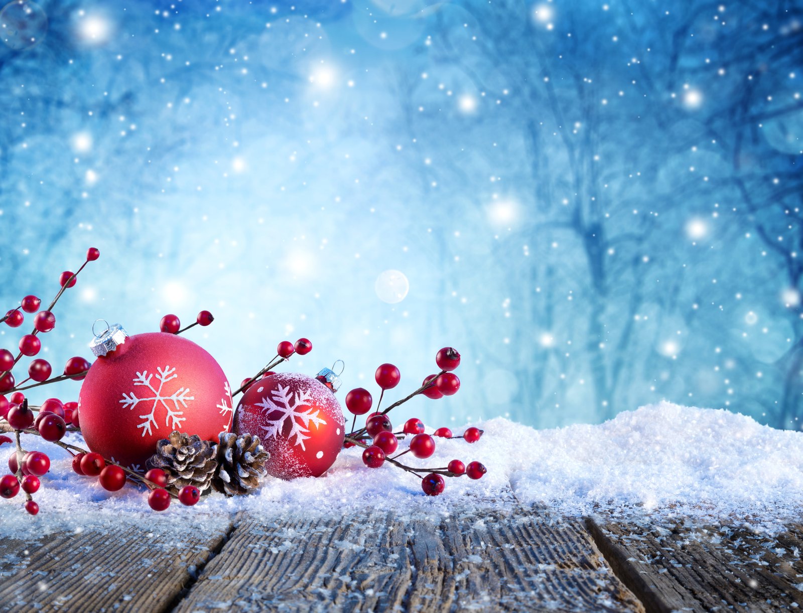 red bauble winter snow trees snowflakes branches nature 2k 4k 5k