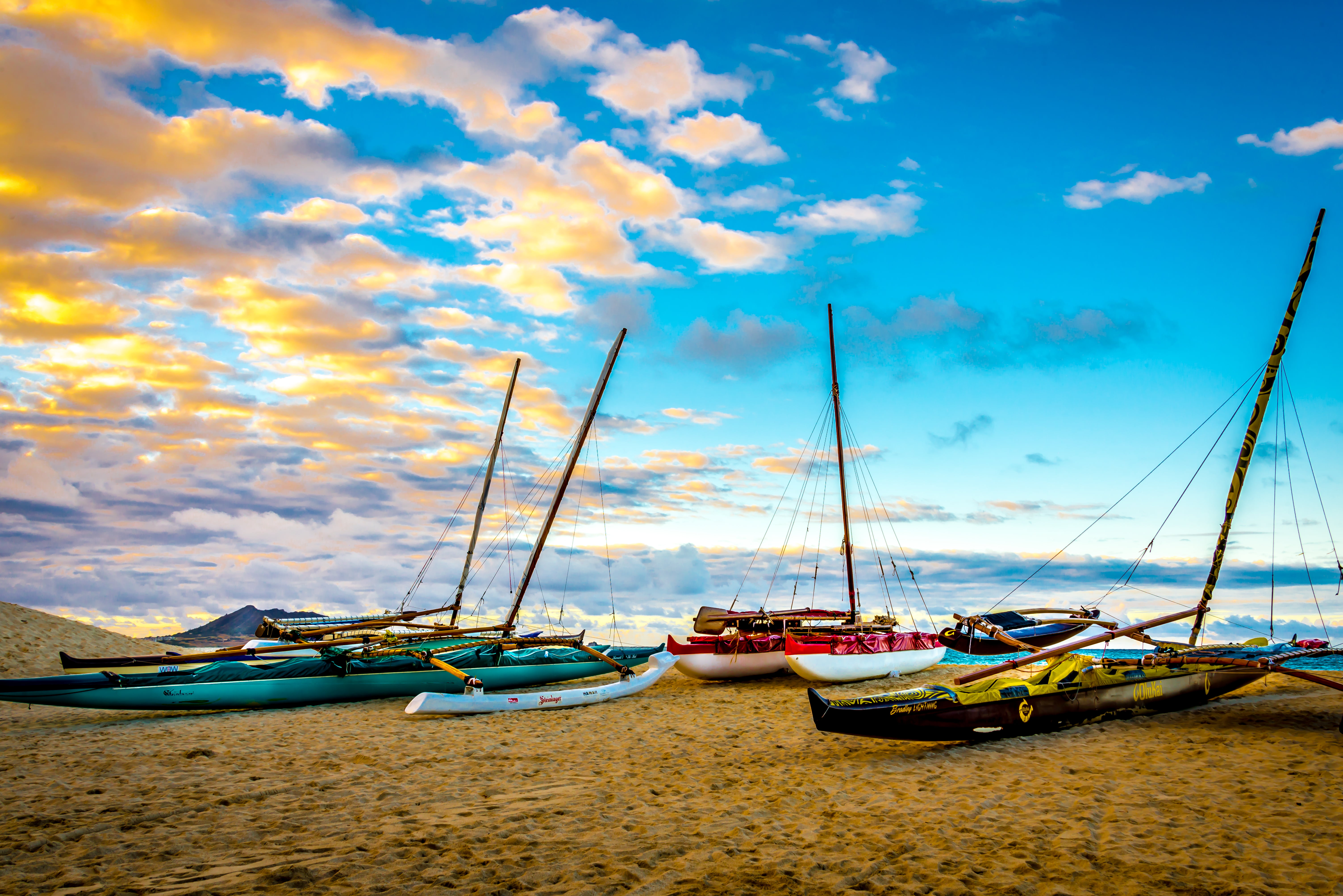 sailboats on shore at sunset Sailing Canoes beach blue 2k 4k 5k
