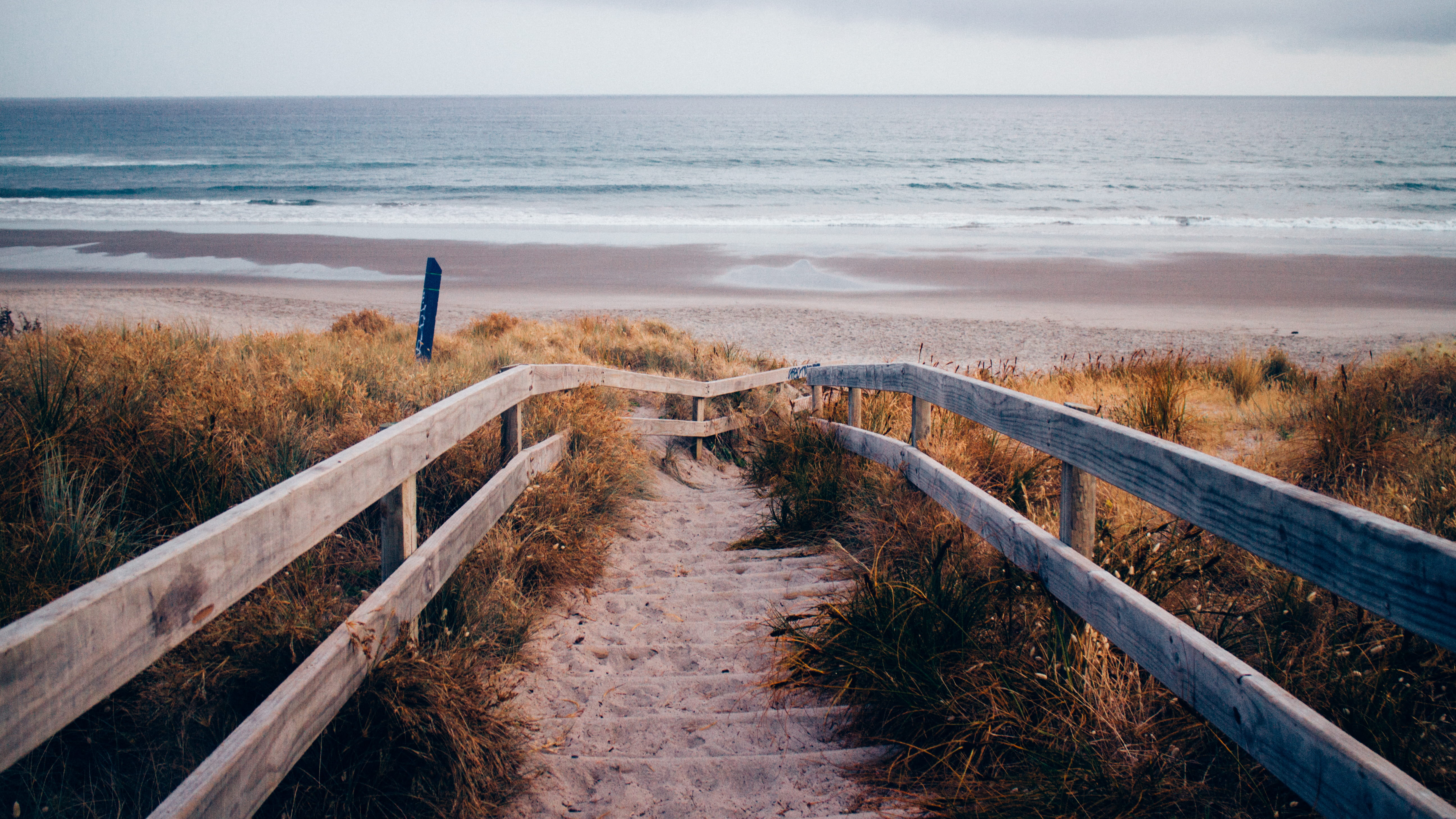 stairs through beach surrounded with grass near the sea 2k 4k 5k