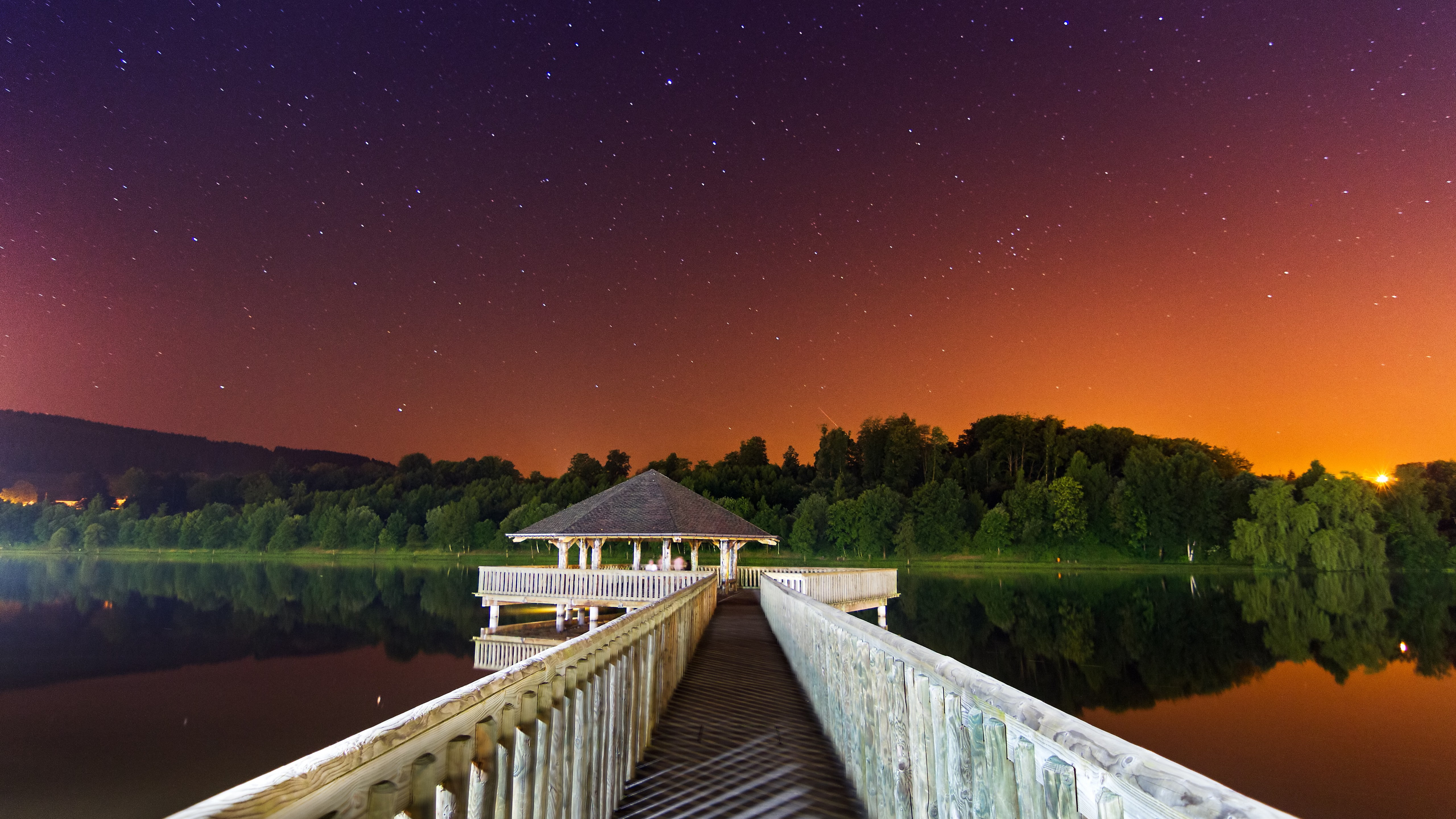 white and brown dock through gazebo Night wallpaper 2k 4k 5k