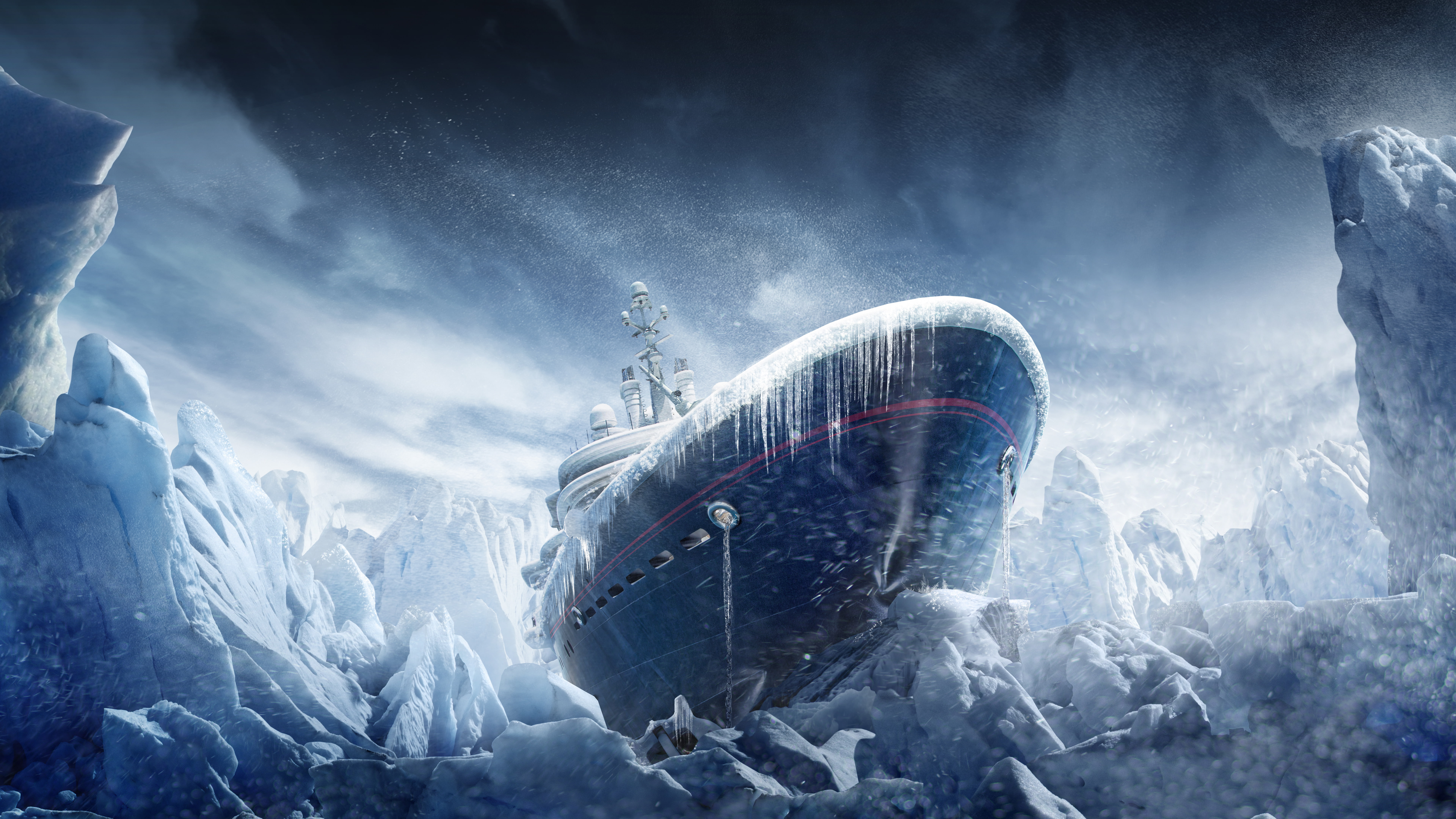 blue and white ship surrounded with icebergs digital wallpaper 2k 4k 5k 8k