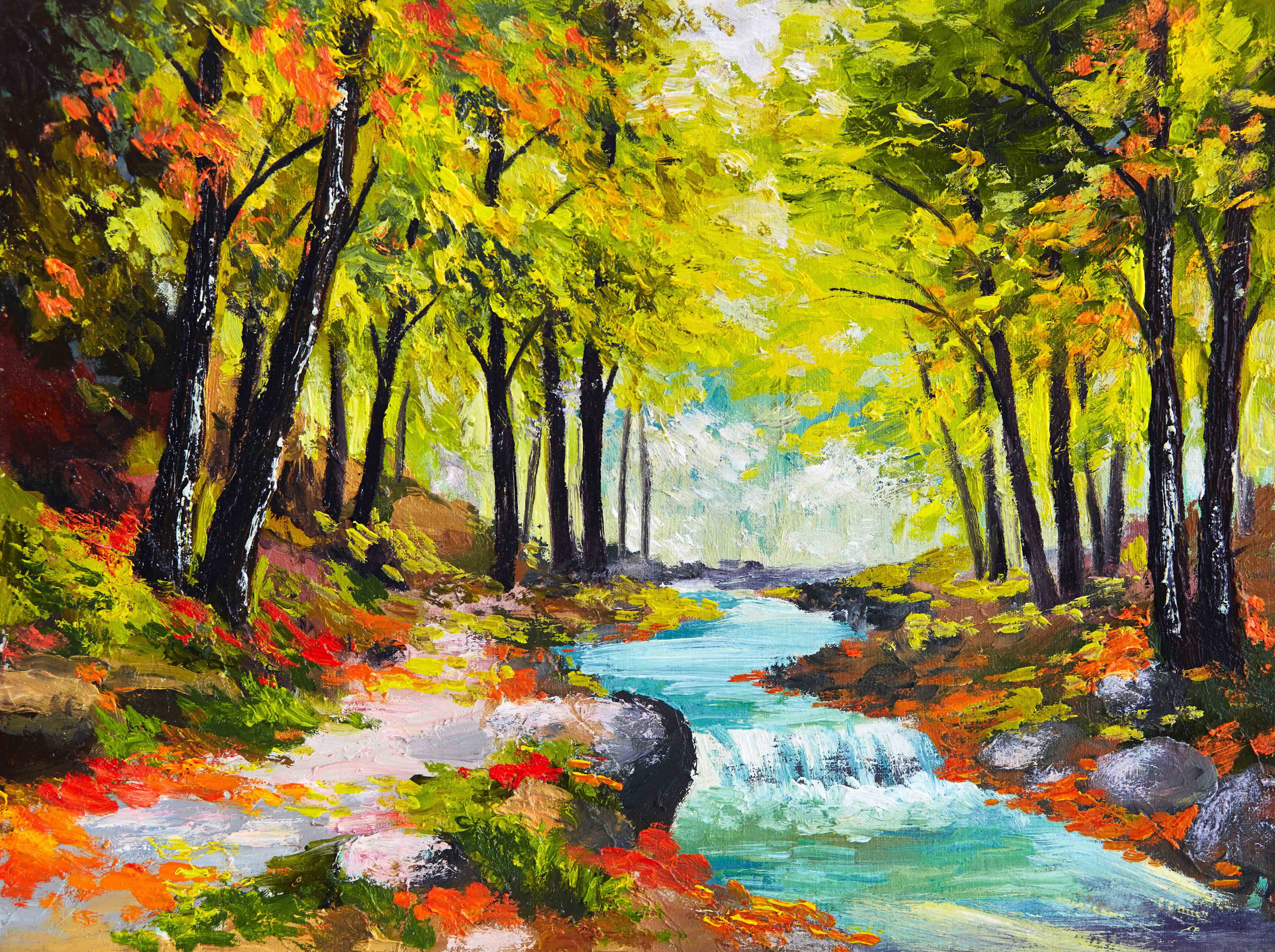 body of water between high trees painting forest river seasons 2k 4k 5k
