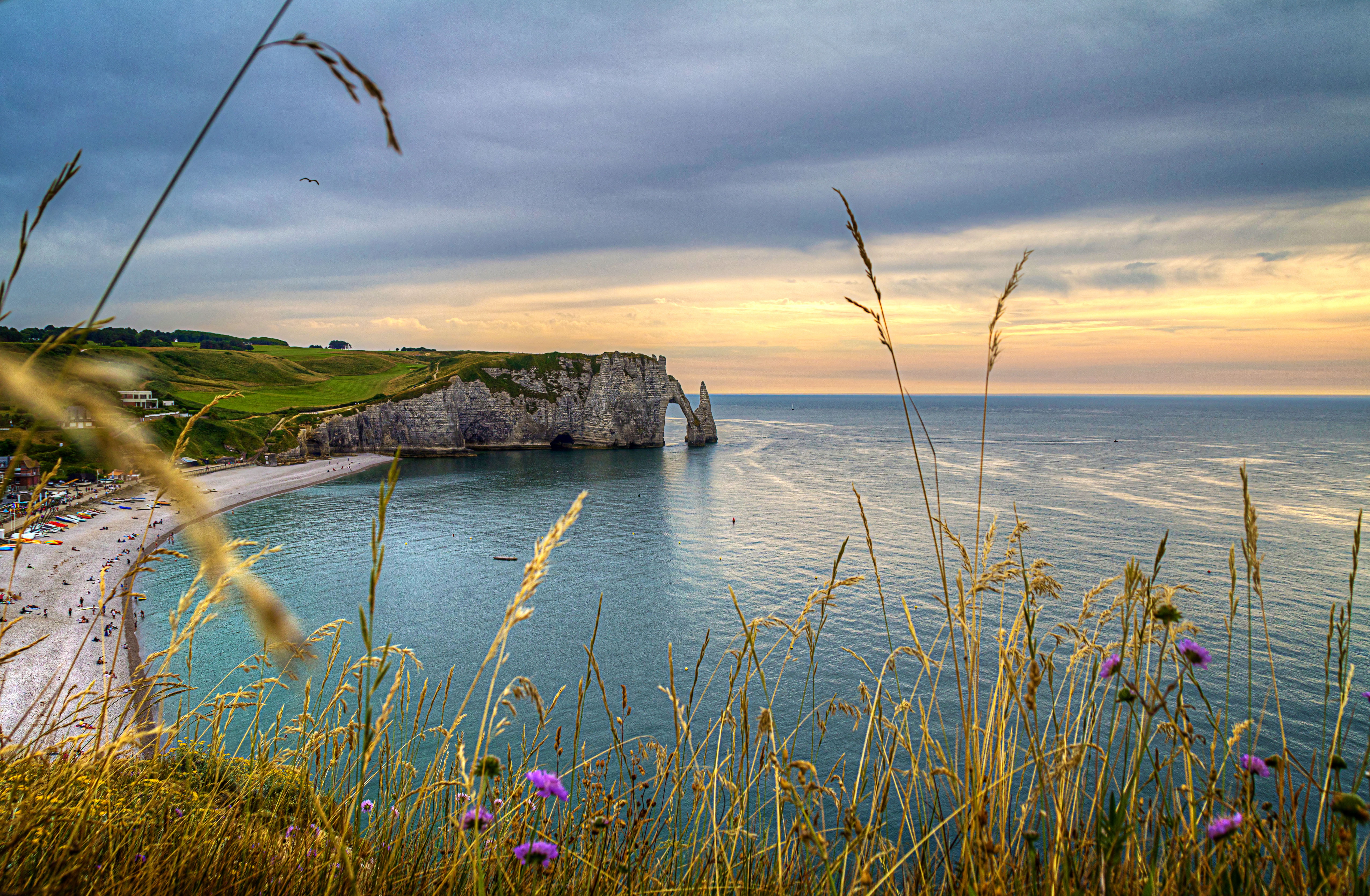 cliff with beach shore under cumulus clouds ETRETAT NORMANDY 2k 4k 5k