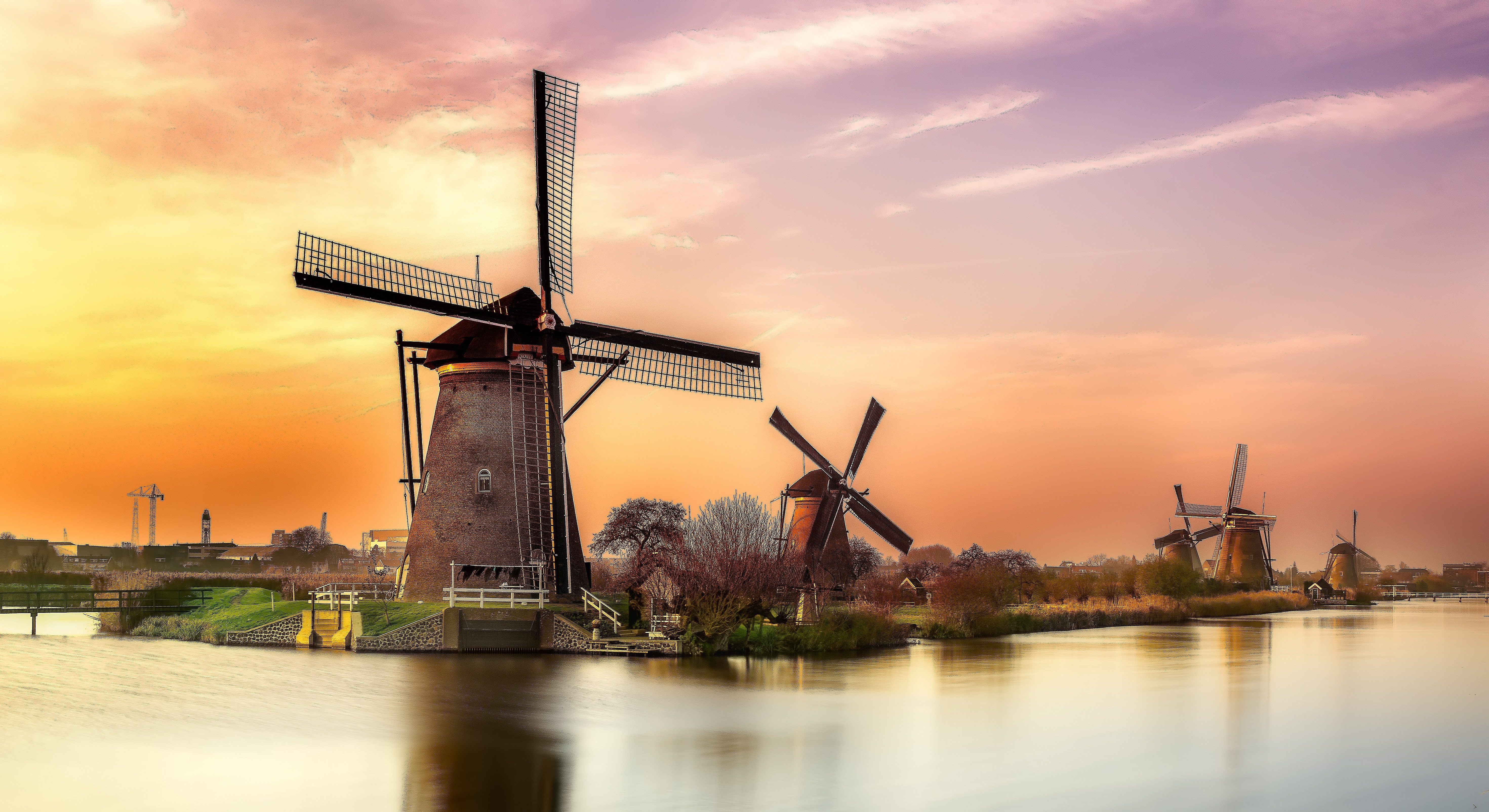 holland Landscape Reflection river sunset windmill 2k 4k 5k
