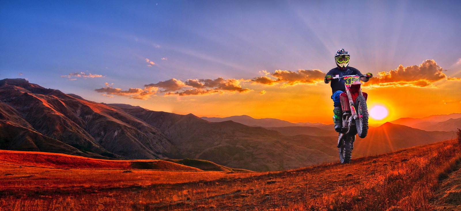 man riding motocross dirt bike ride landscape panoramic sunset 2k 4k 5k 8k