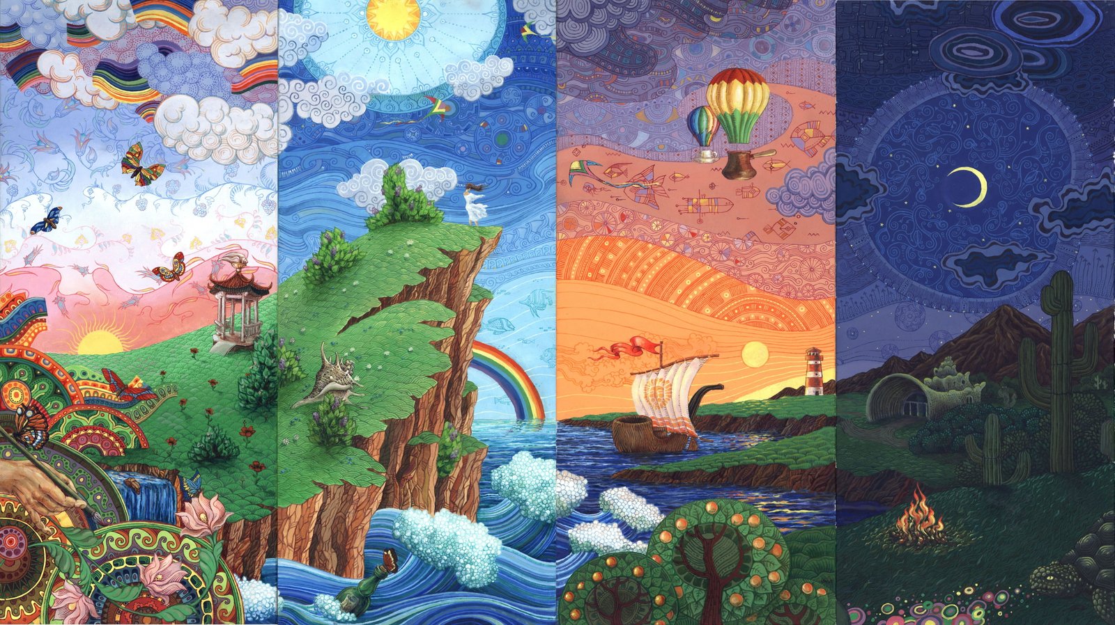 Moon digital art sun rays rainbows boat nature butterfly 2k 4k 5k