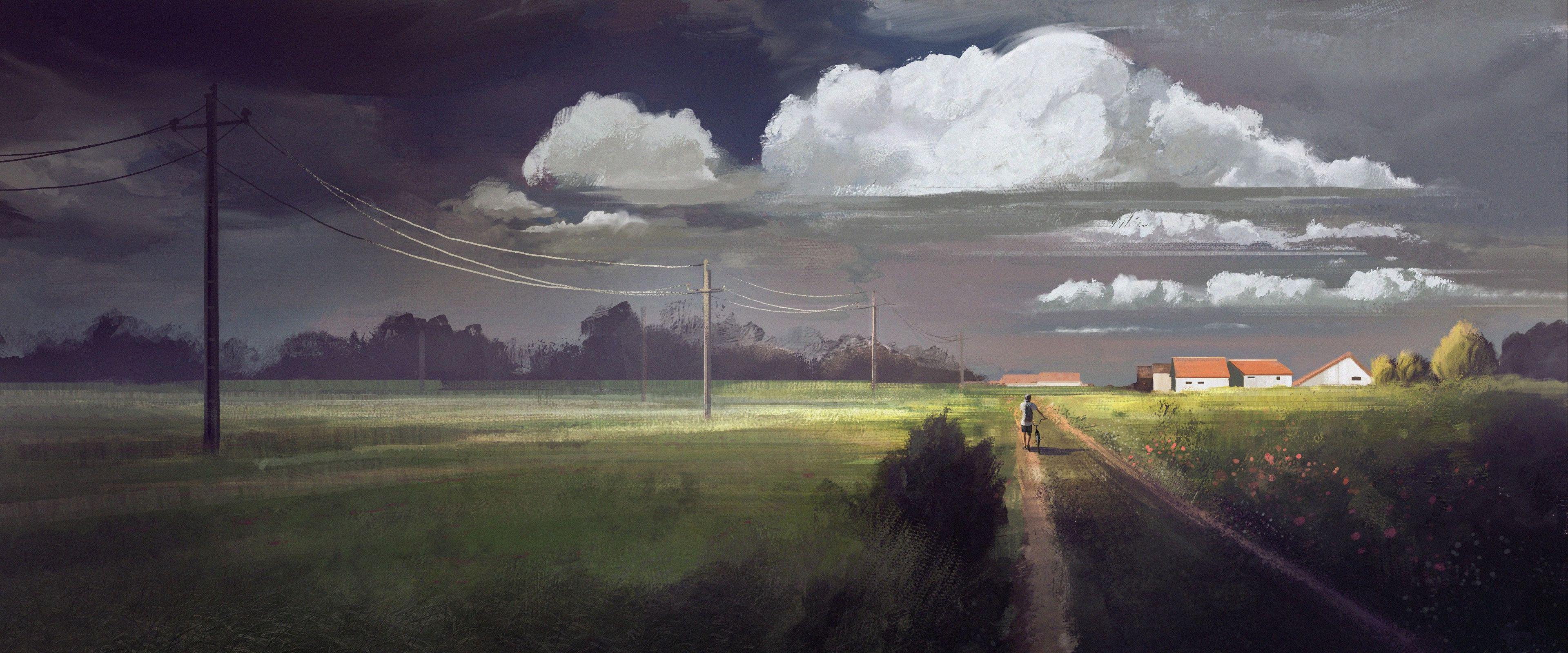 Going Home green field drawing digital wide screen dual monitor 2k 4k