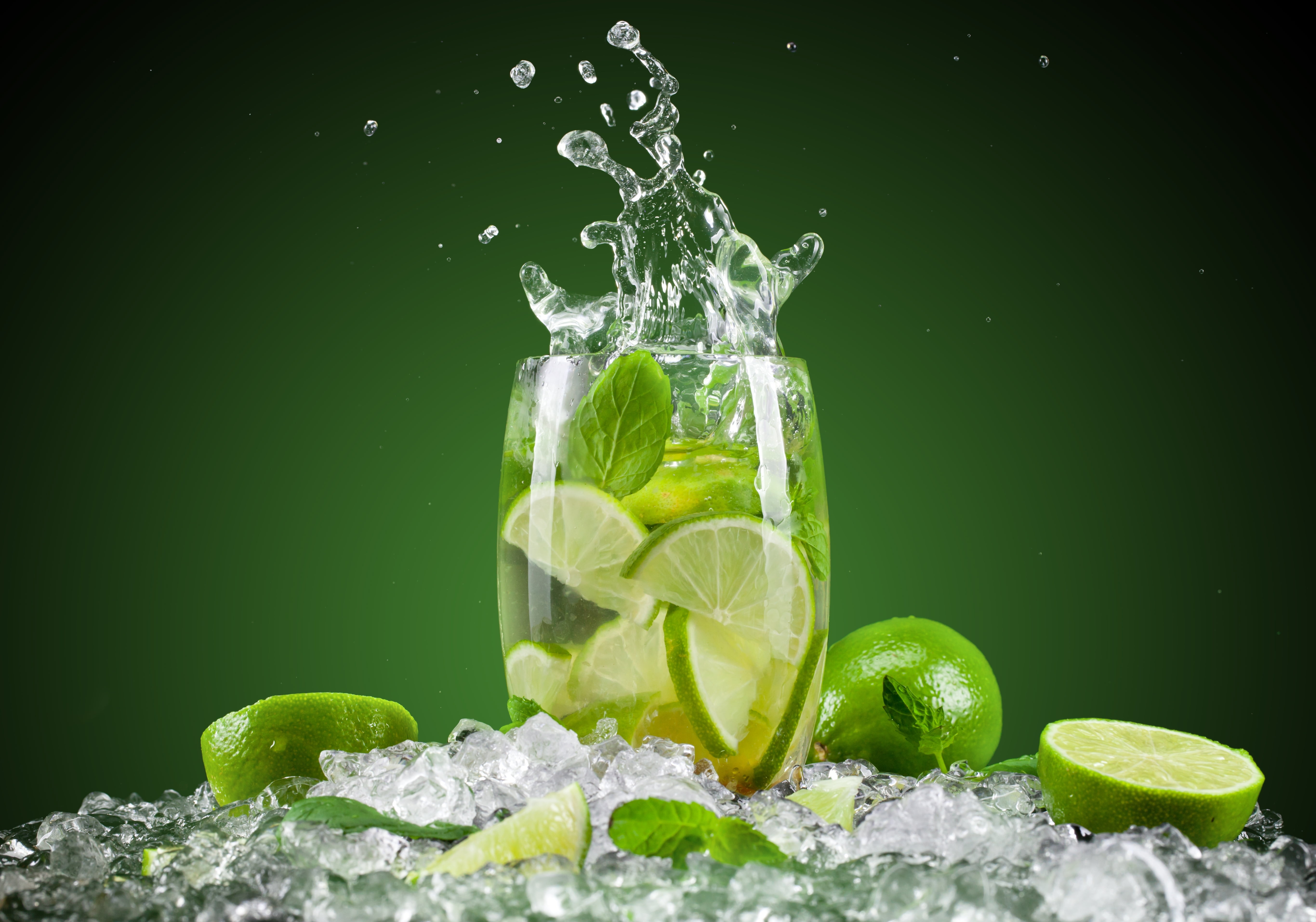 citrus fruits ice squirt green background glass cocktail 2k 4k 5k