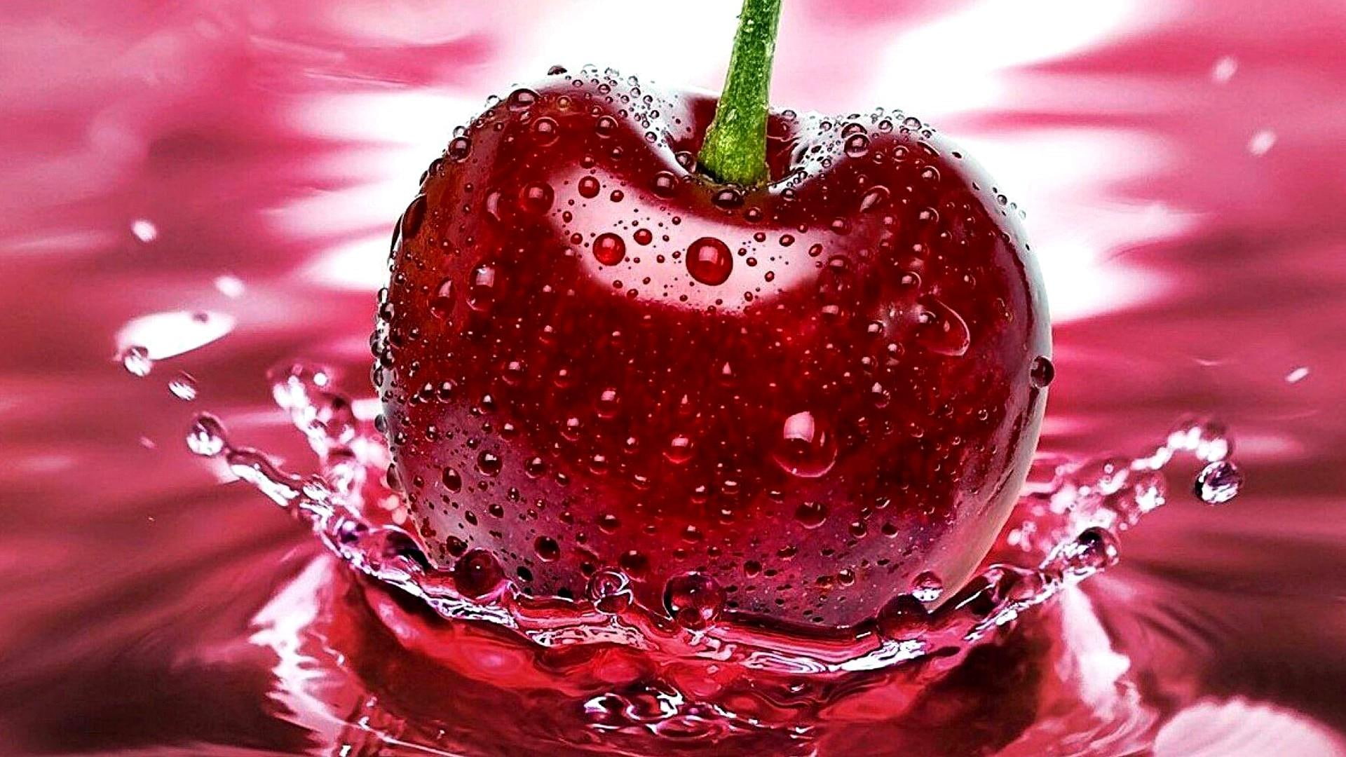 fresh cherry splash water drops droplets fruit 2k