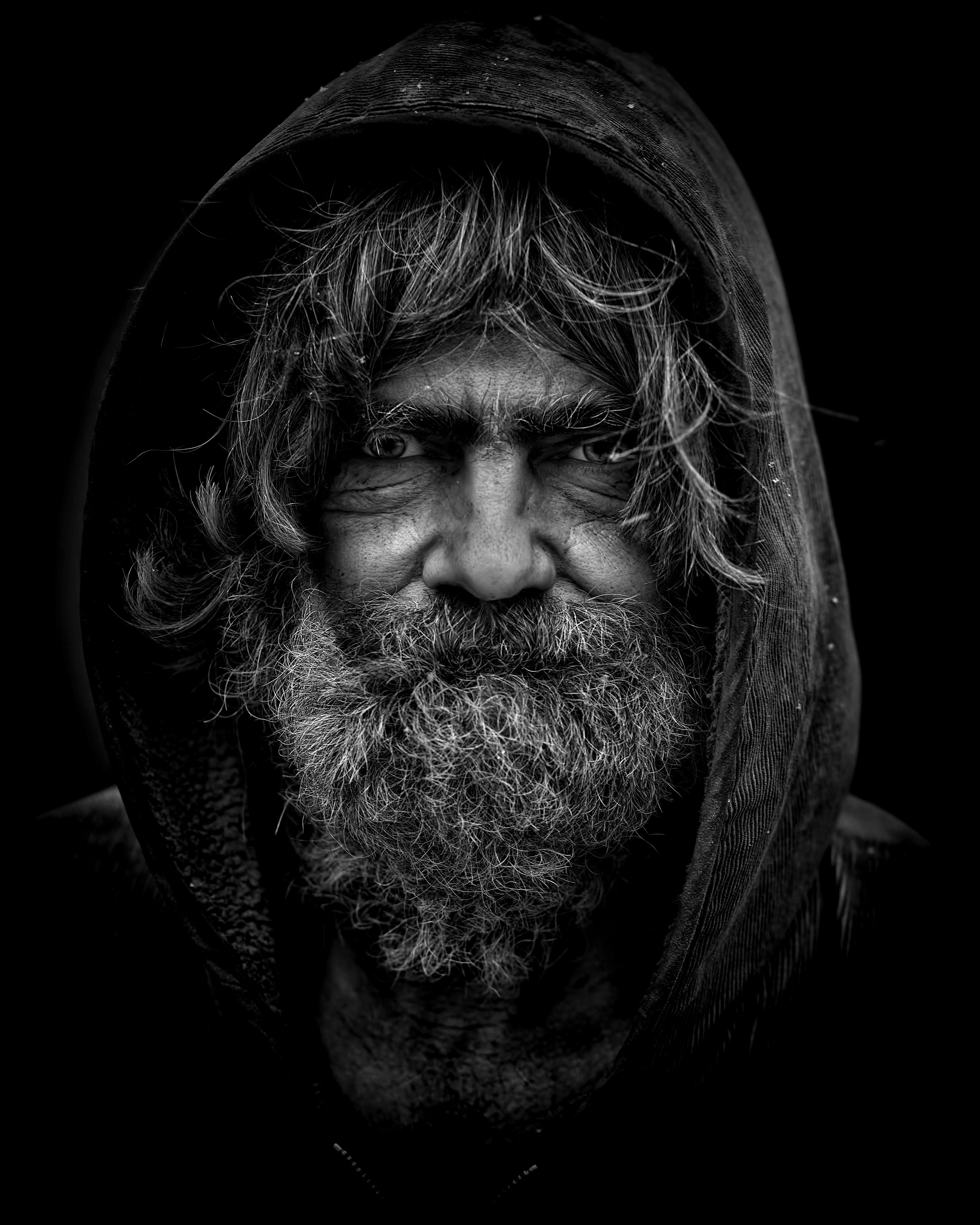 grayscale macro photograph of man in hoodie people homeless 2k 4k