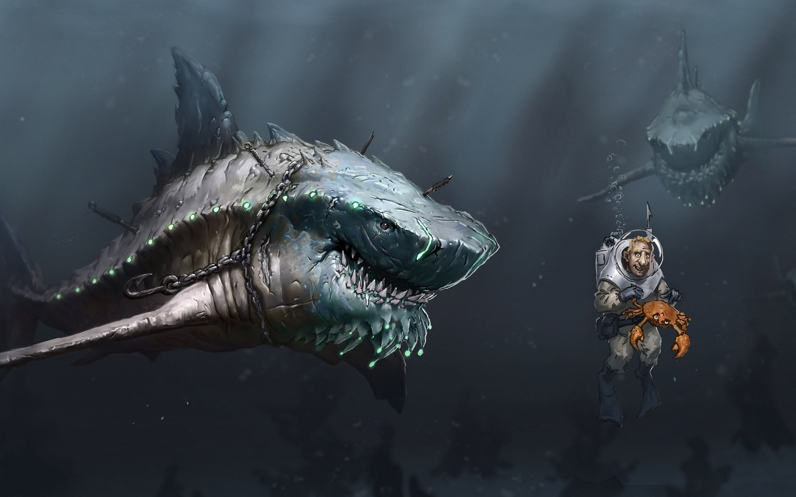illustration of man and shark wallpaper digital art fish underwater 2k