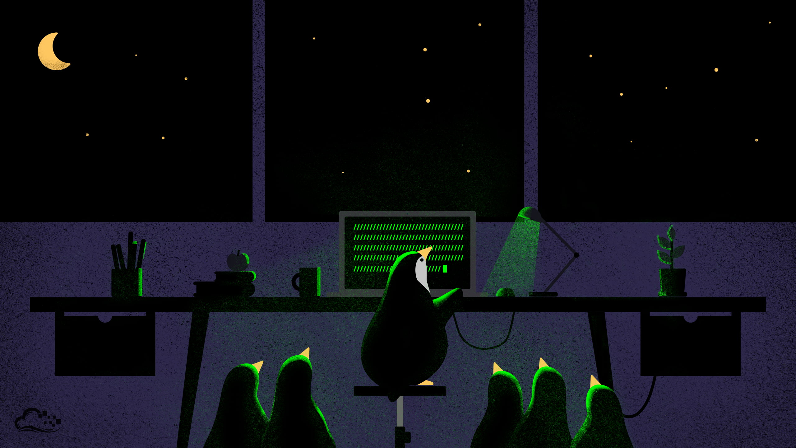 penguins near black desk illustration digitalocean night computer 46 2k