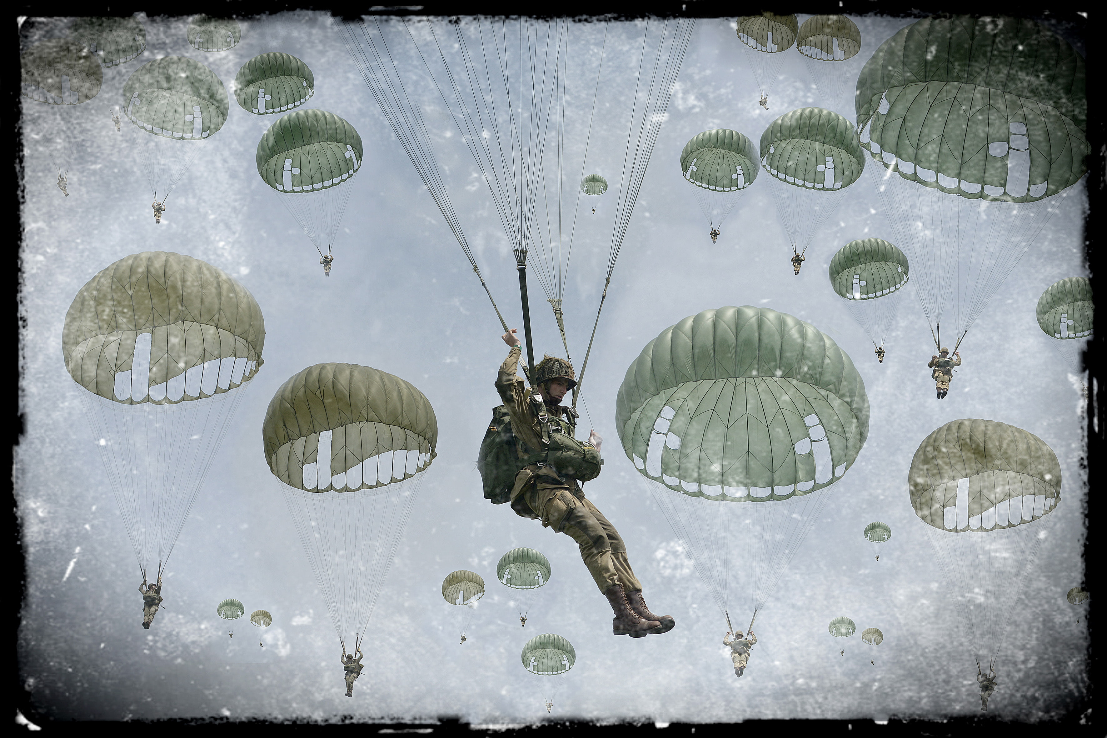people in parachute painting the sky clouds retro art soldiers 2k 4k