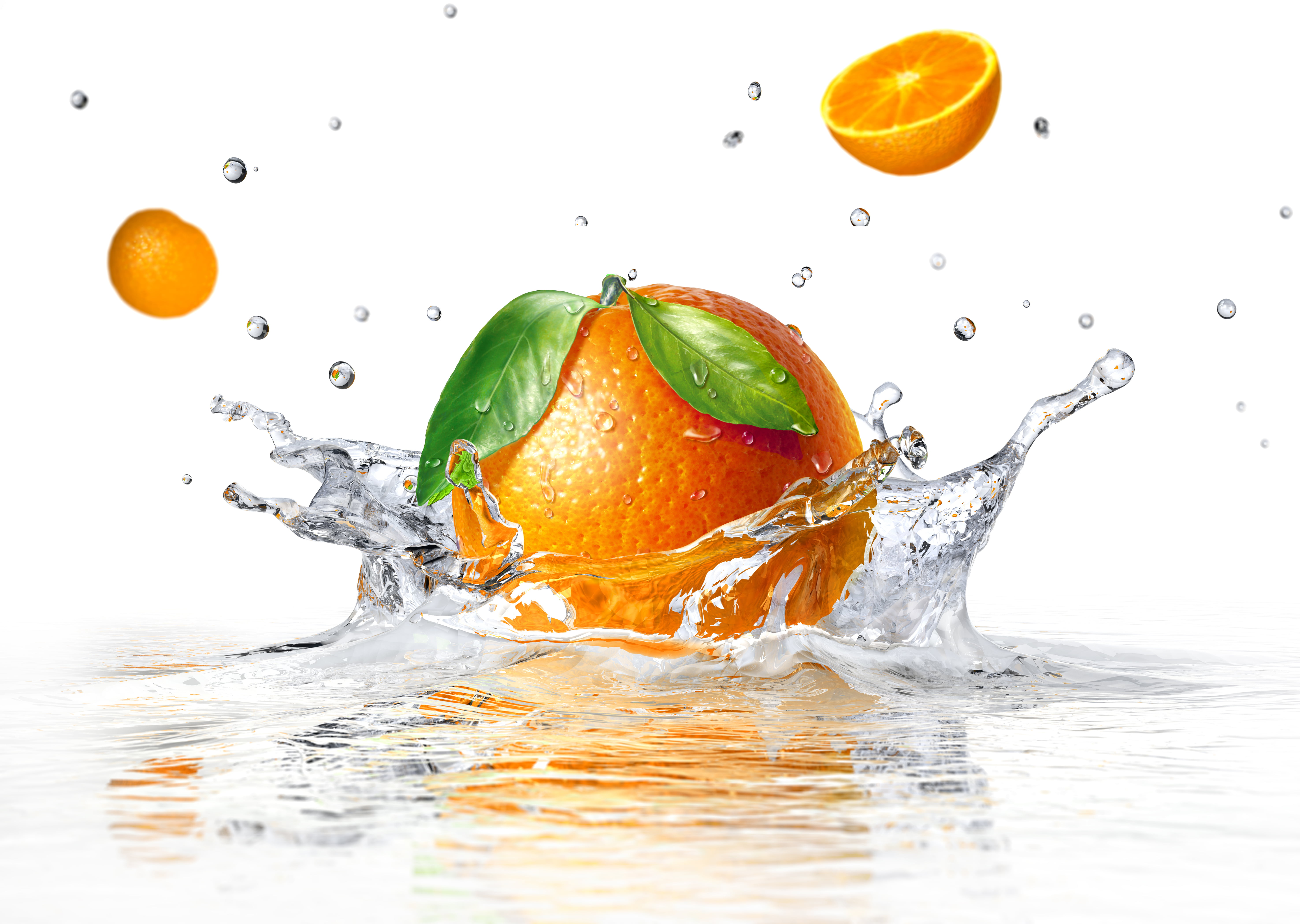 orange fruit water squirt white background sprays splashing 2k 4k 5k