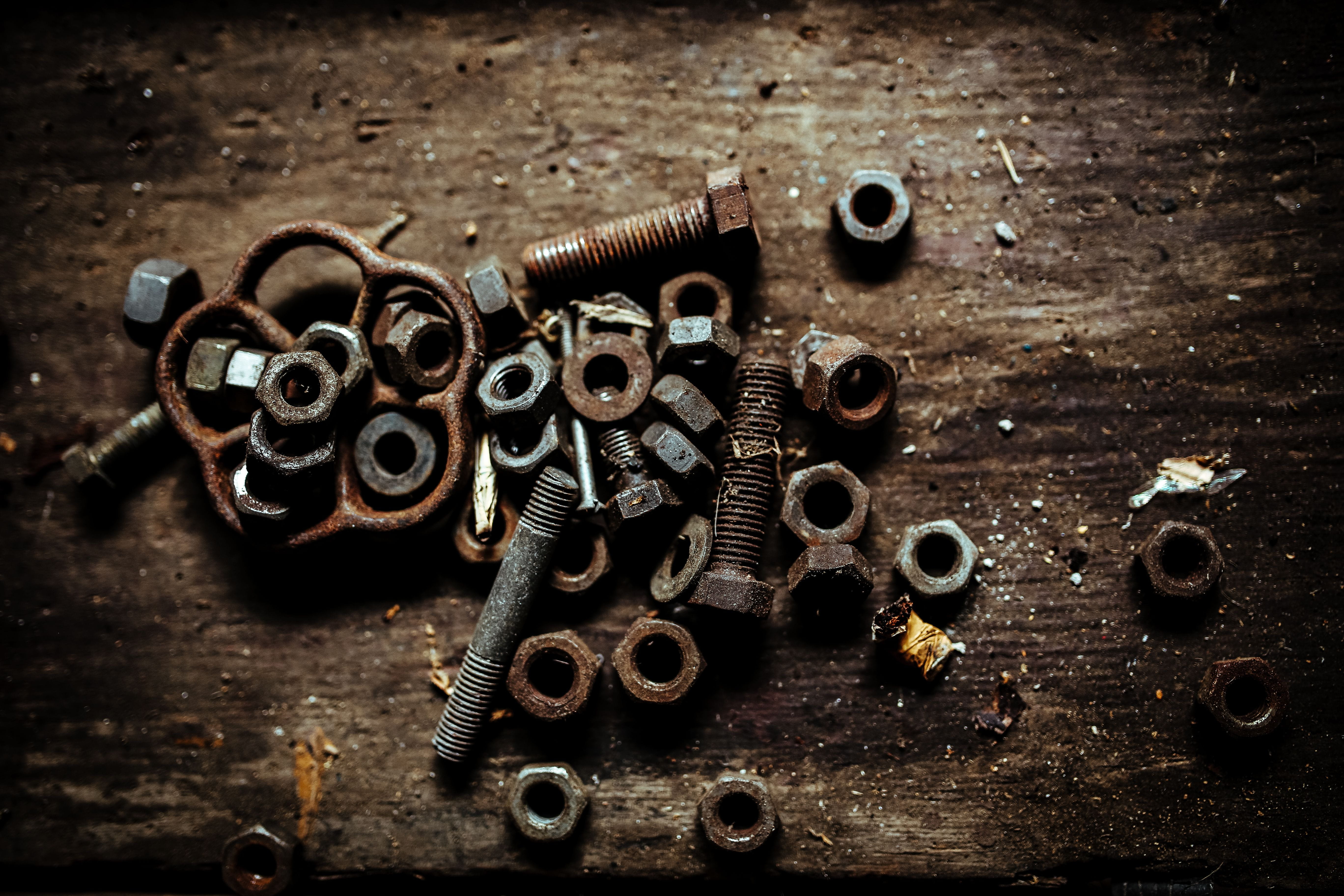 Tools nails and bolts in a workshop wooden metal nuts diy 2k 4k 5k