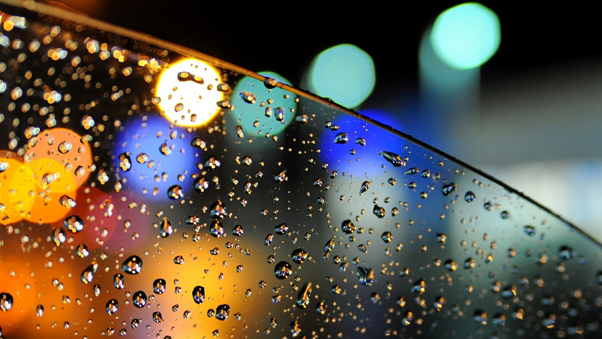 water droplet close up bokeh lights glass rain raindrops 2k