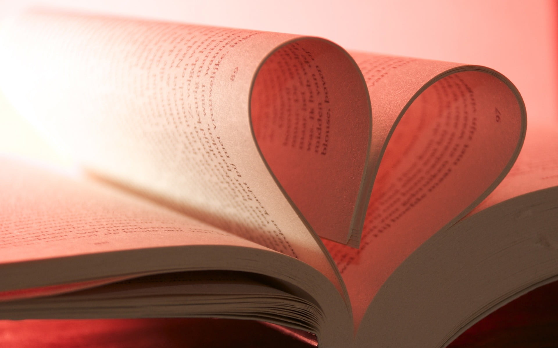 white book page books heart pink background depth of field 2k