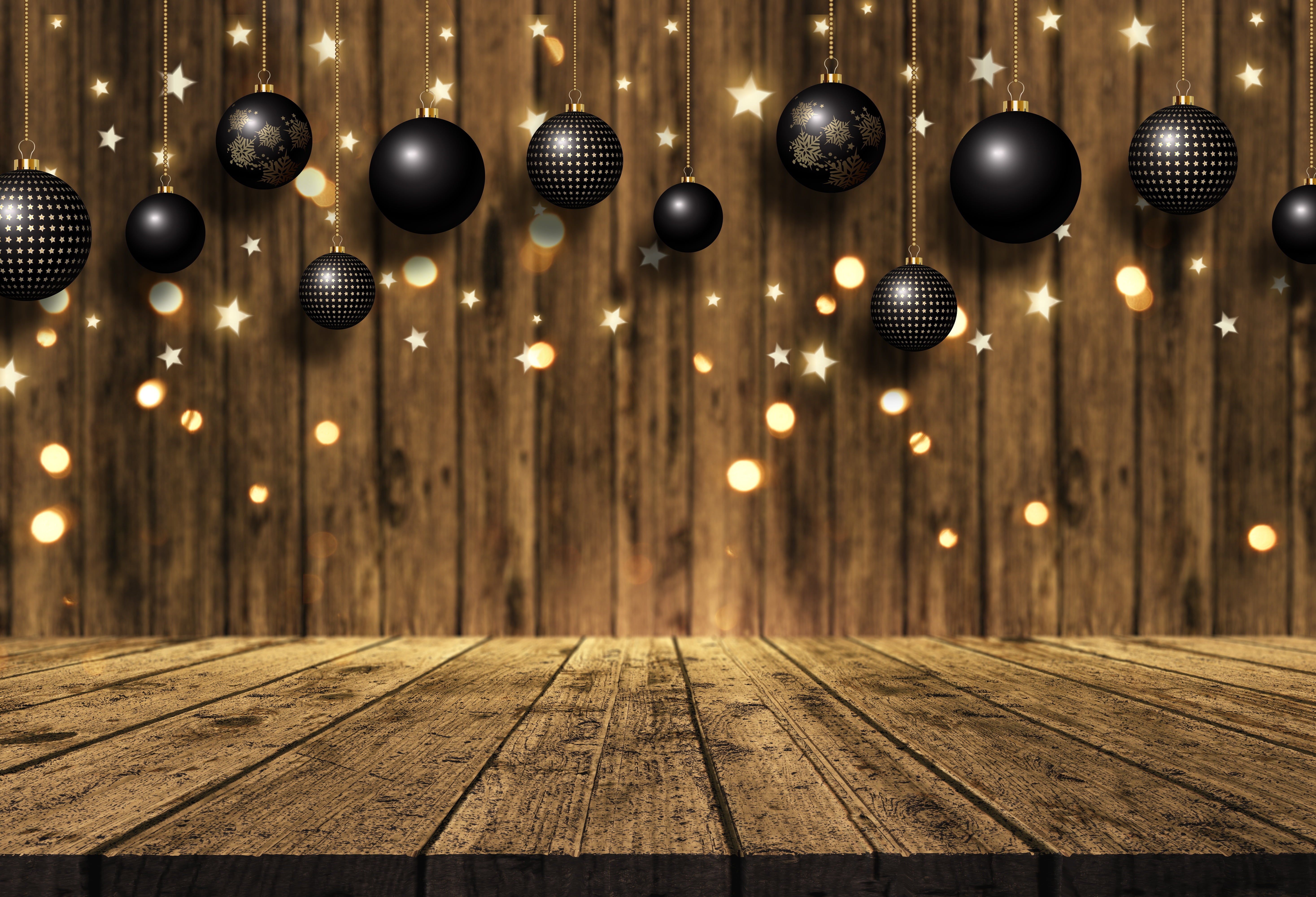 background Board golden christmas new year balls wood 2k 4k 5k