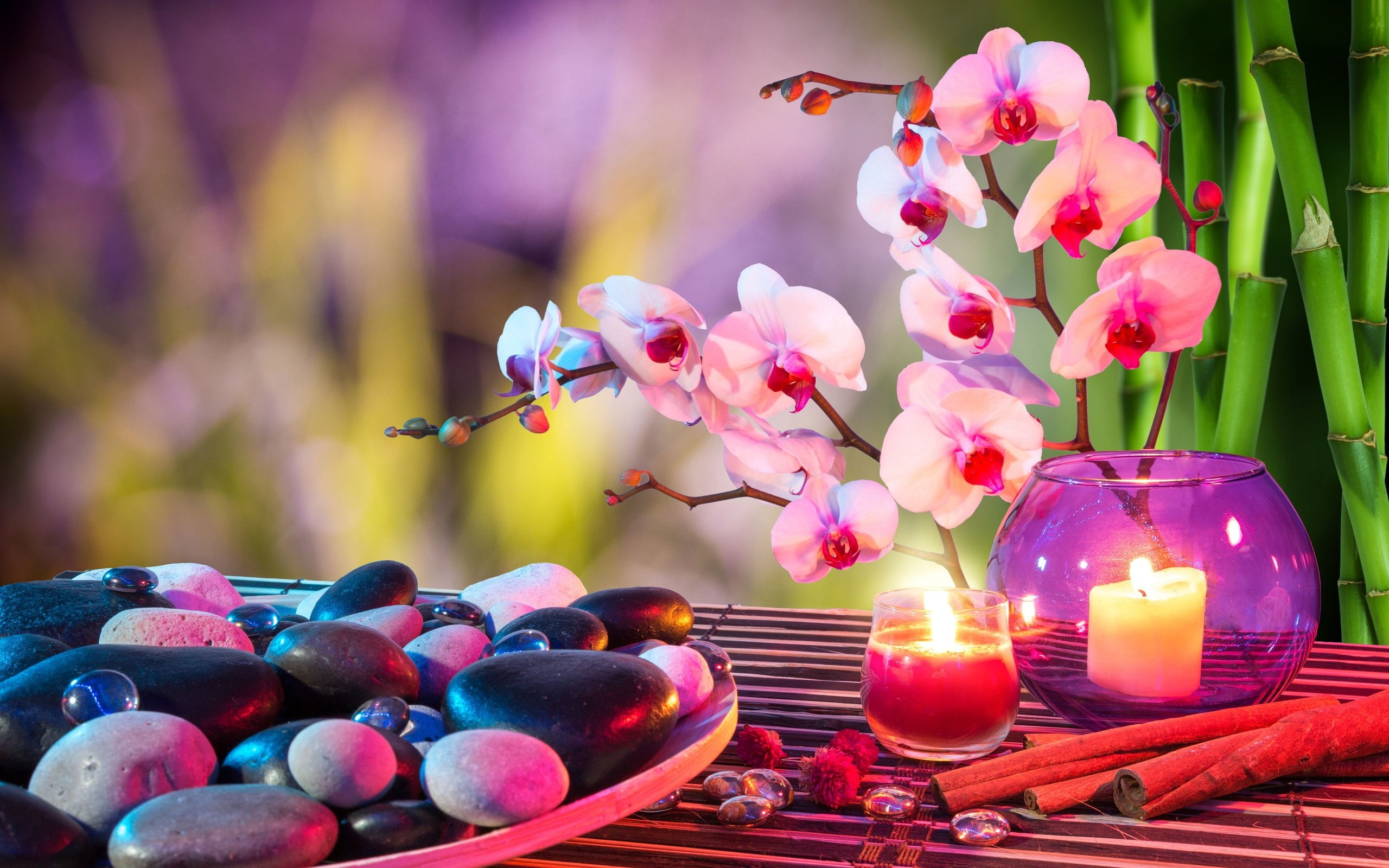 bamboo bokeh candles heart mood orchids Stones towels 2k