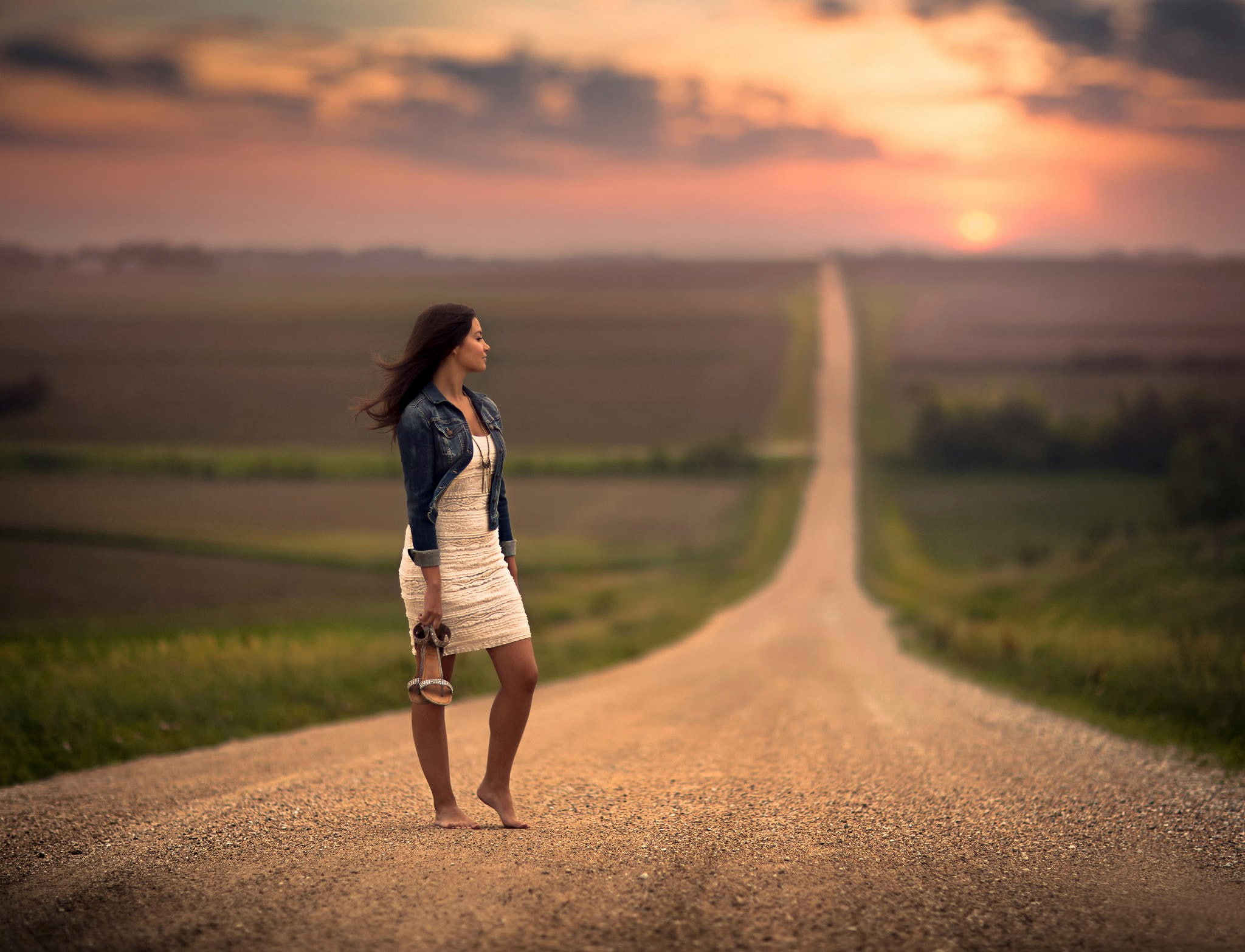 Barefoot girl on road wait dress space bokeh 2k