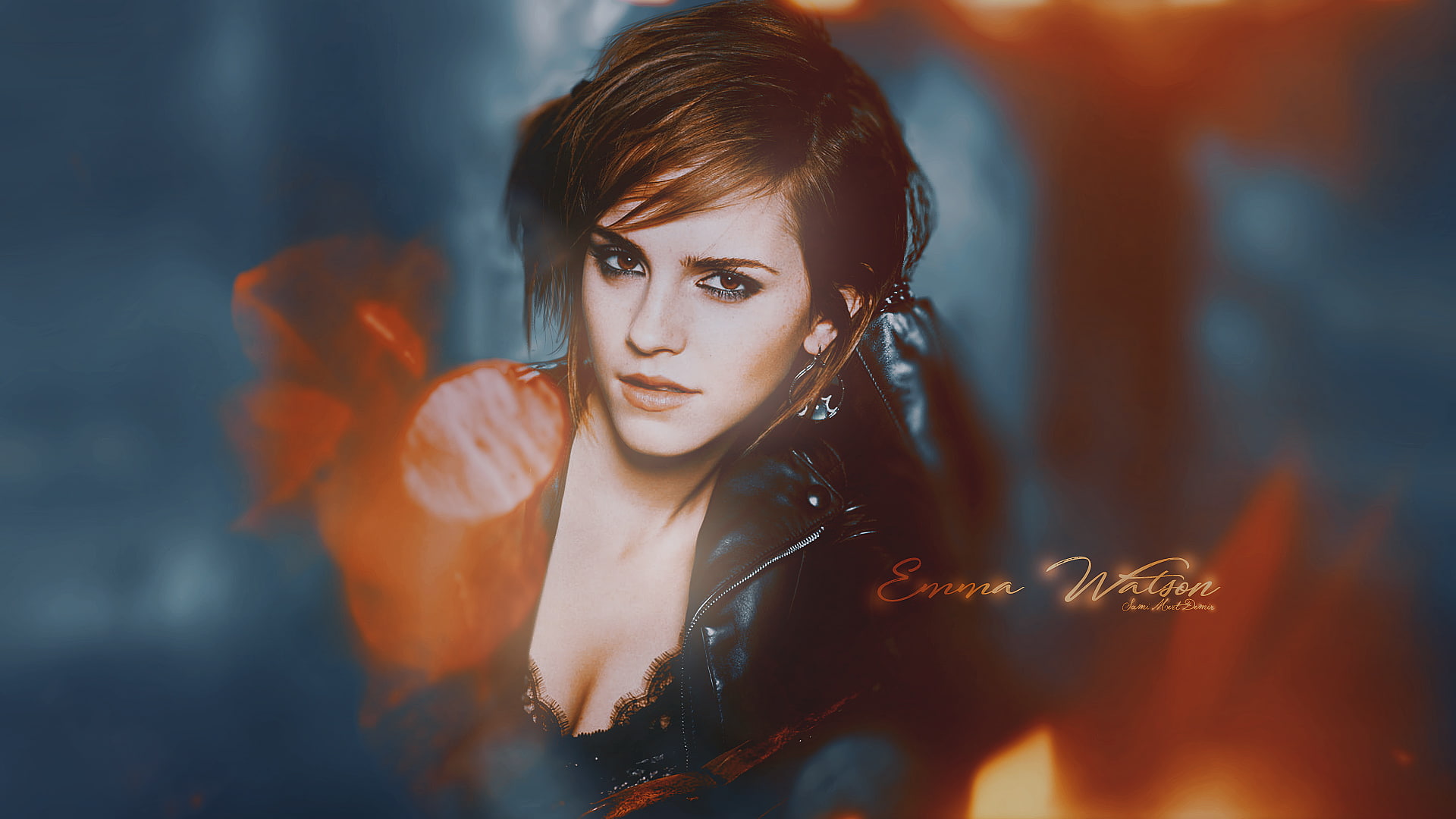 Emma Watson women bokeh brunette looking at viewer leather jackets 2k