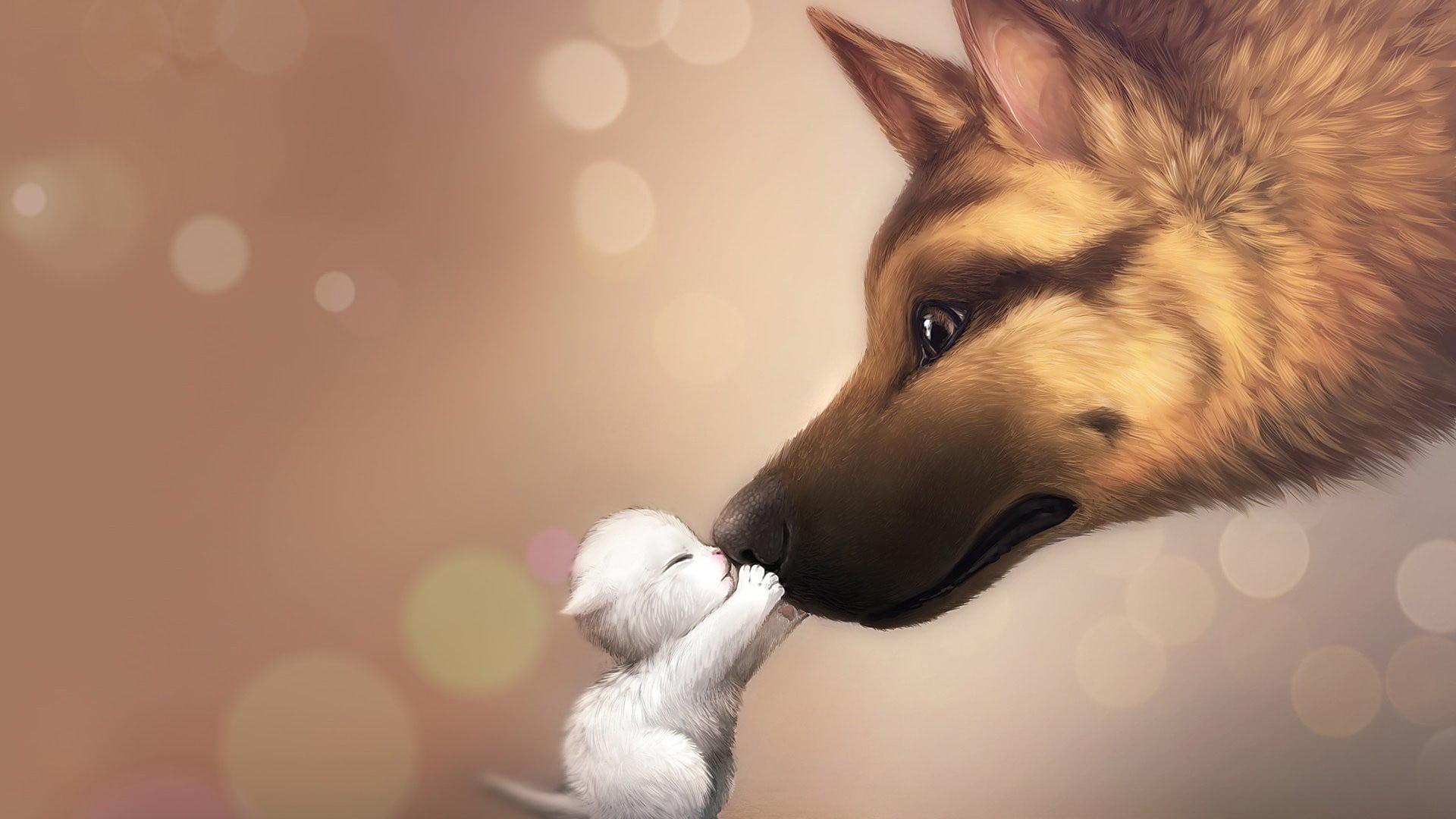German shepherd kissing kitten photo untitled anime bokeh 2k