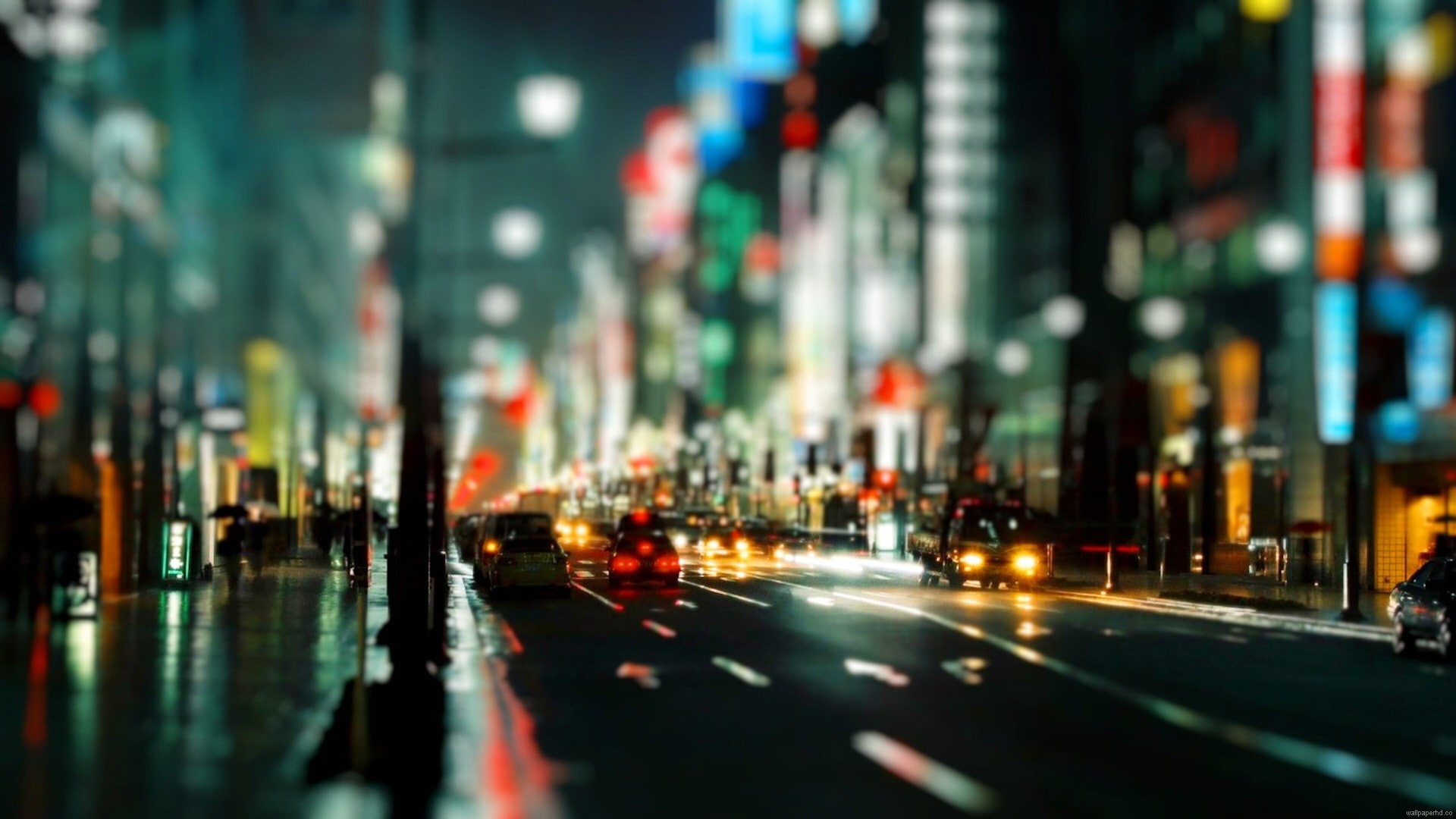 gray concrete road city street colorful bokeh night cityscape 2k