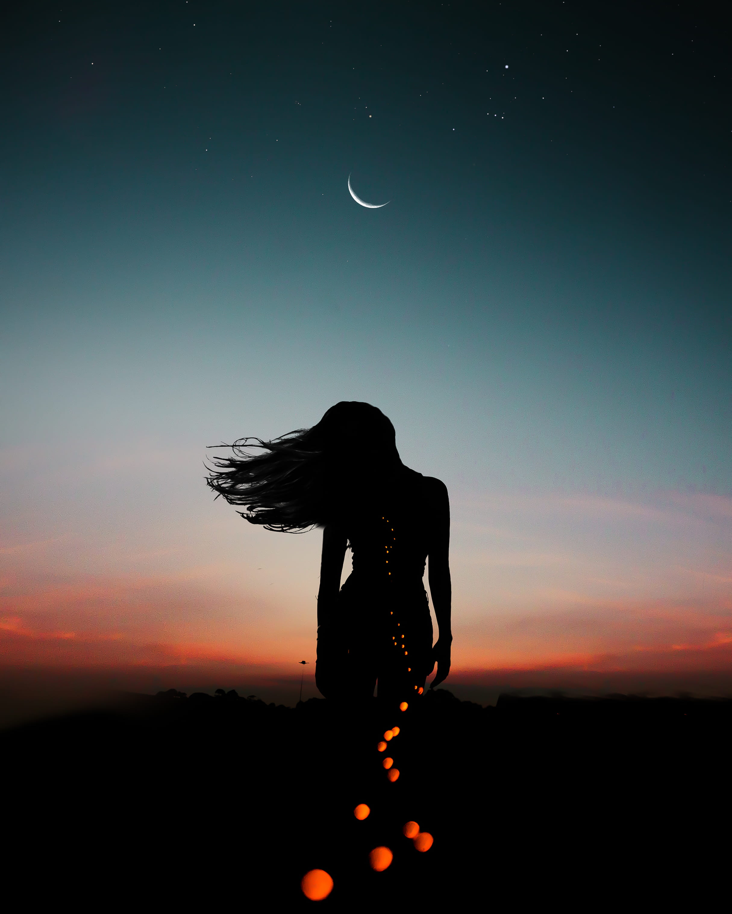 light dawn sky person afterglow art backlit bokeh crescent moon 2k