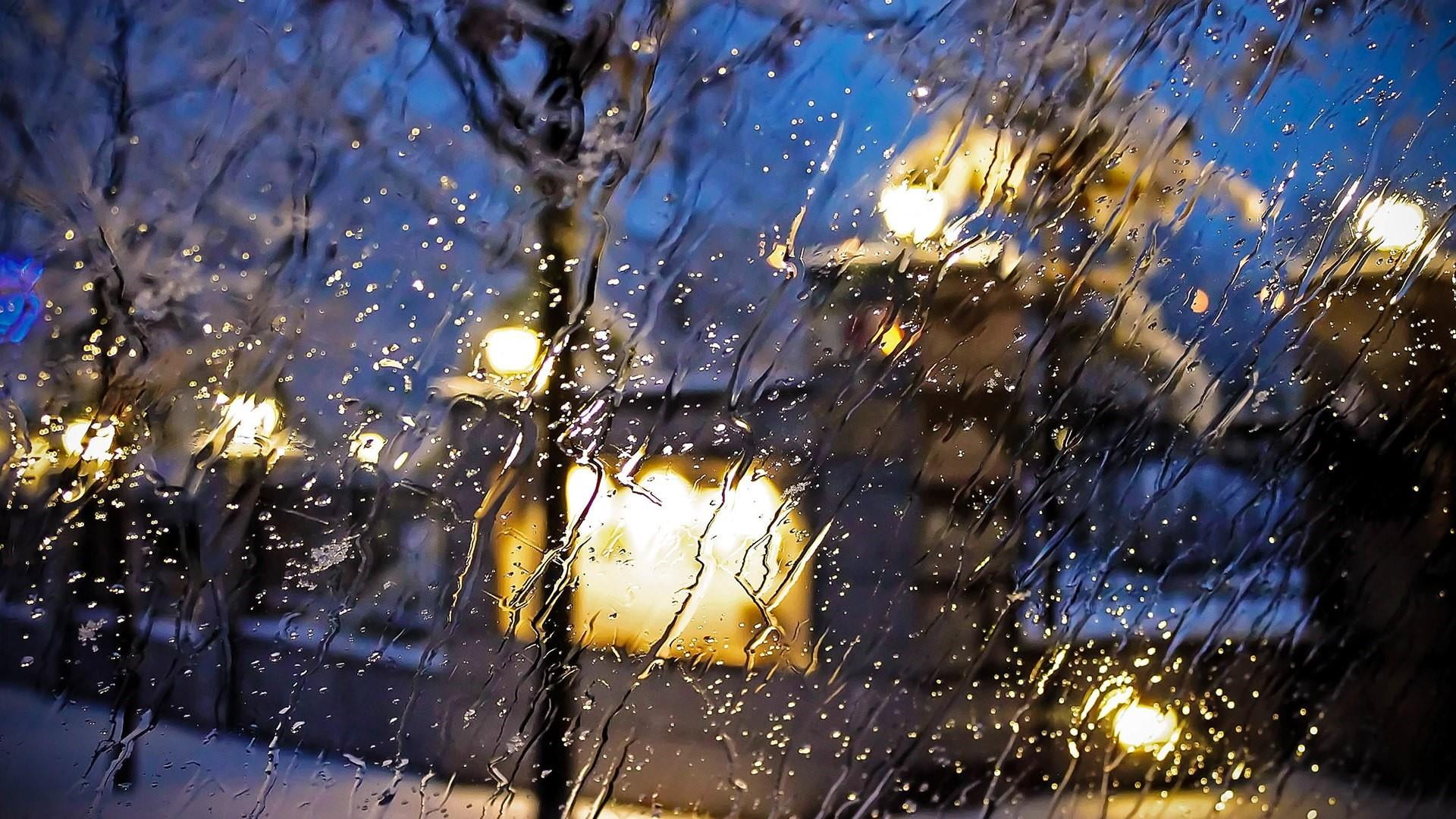 lighting snow rainy street lights evening night window 2k