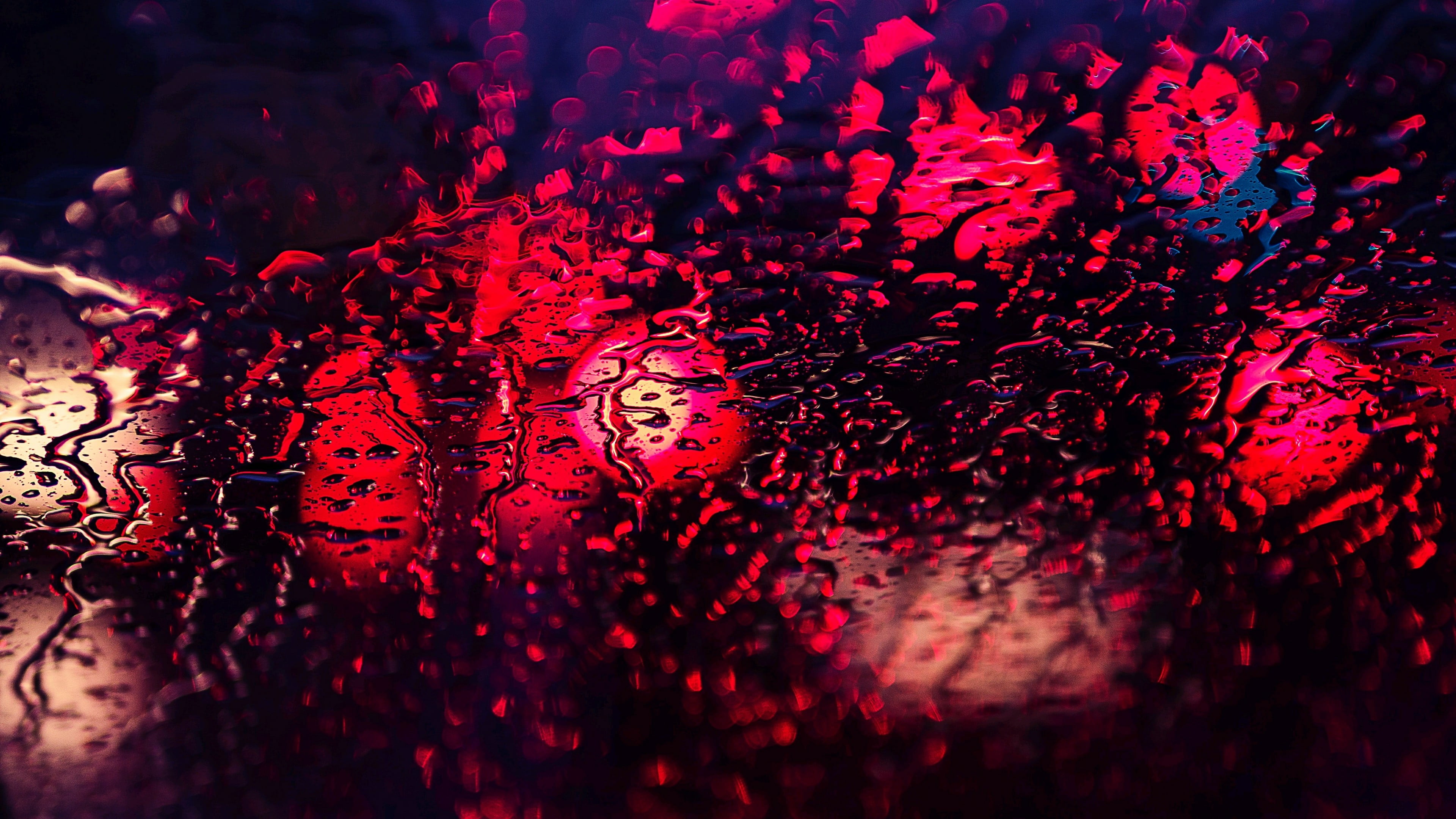 rain glass drops droplets red bokeh light raindrops night 2k 4k