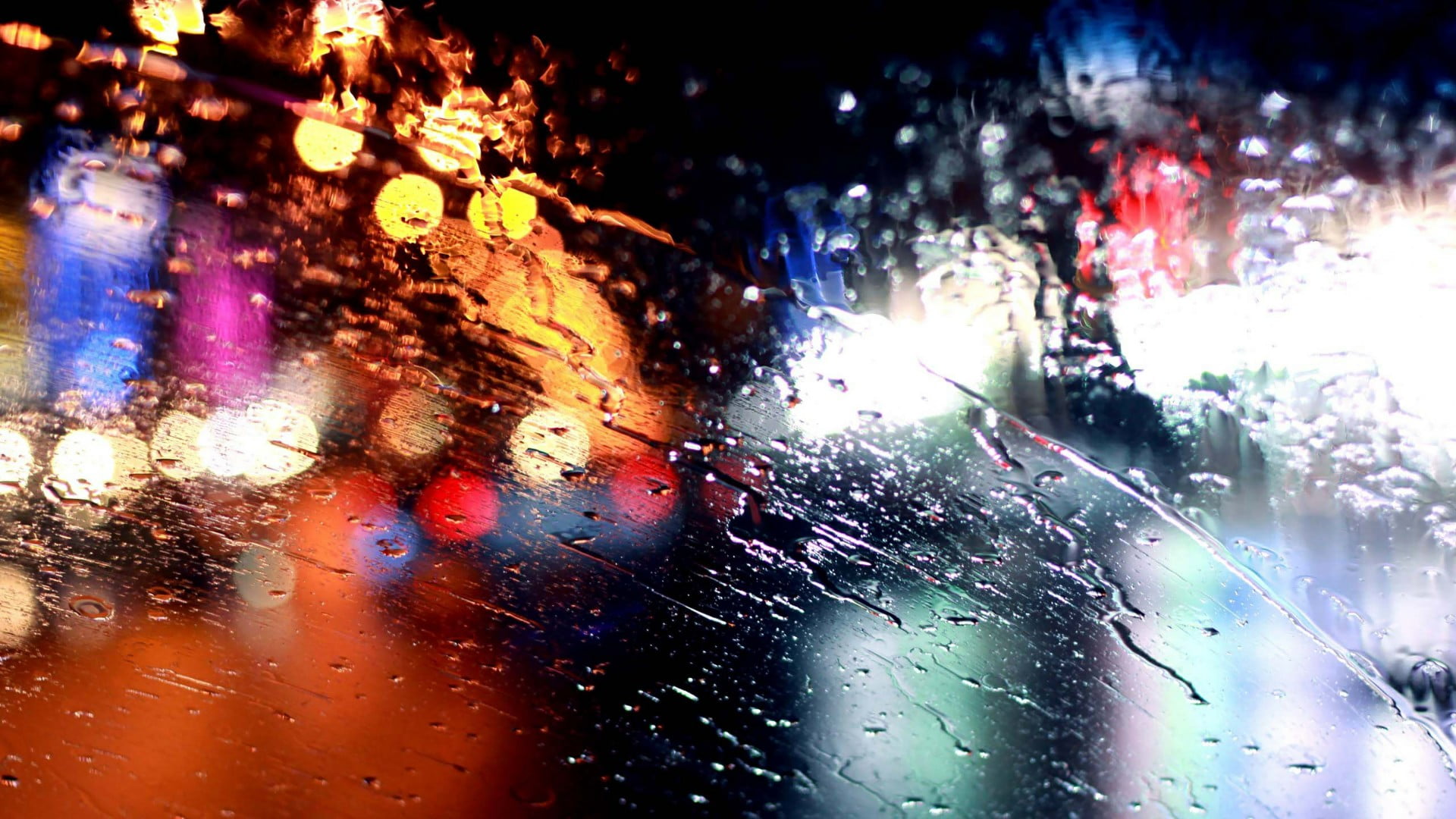 rain water light raindrops night world glass windscreen 2k