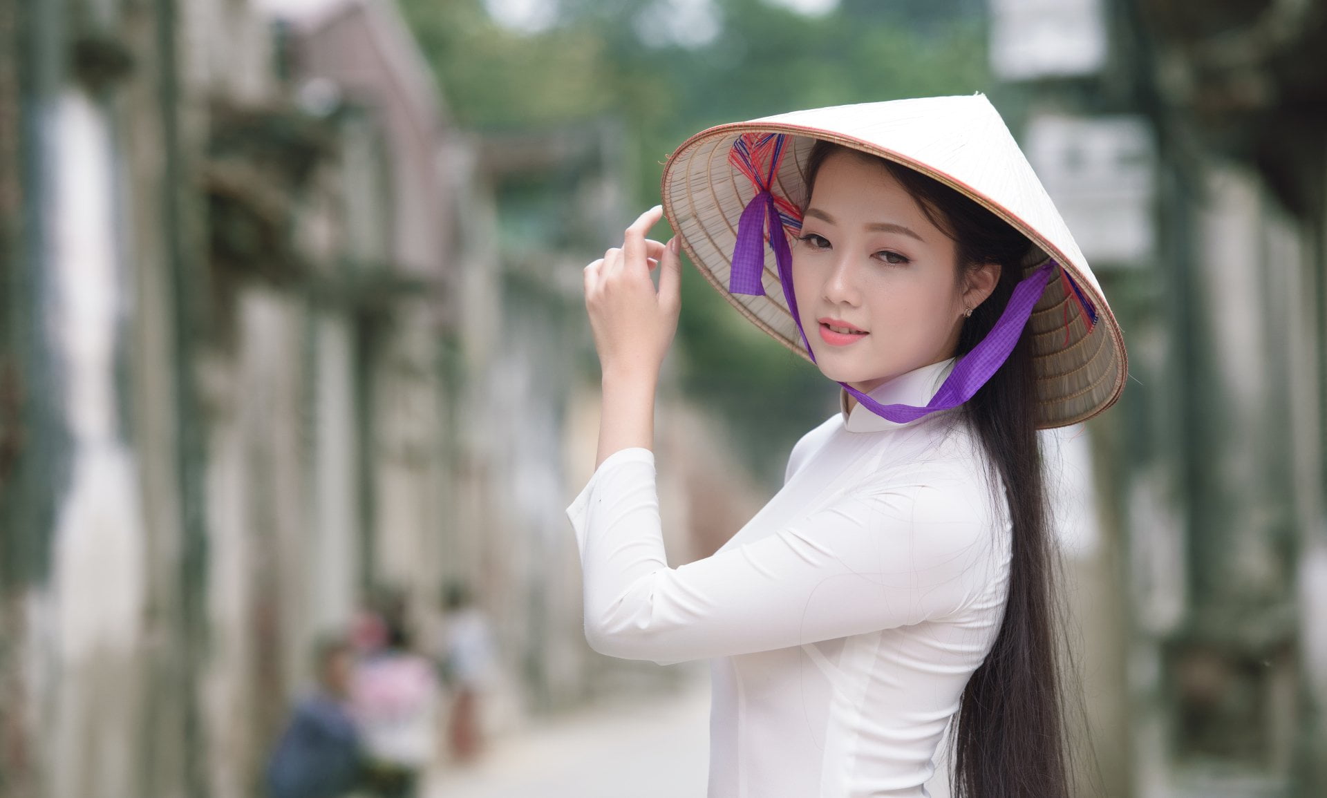 Women Asian Ao Dai Conical Hat Bokeh Girl Vietnamese 2k