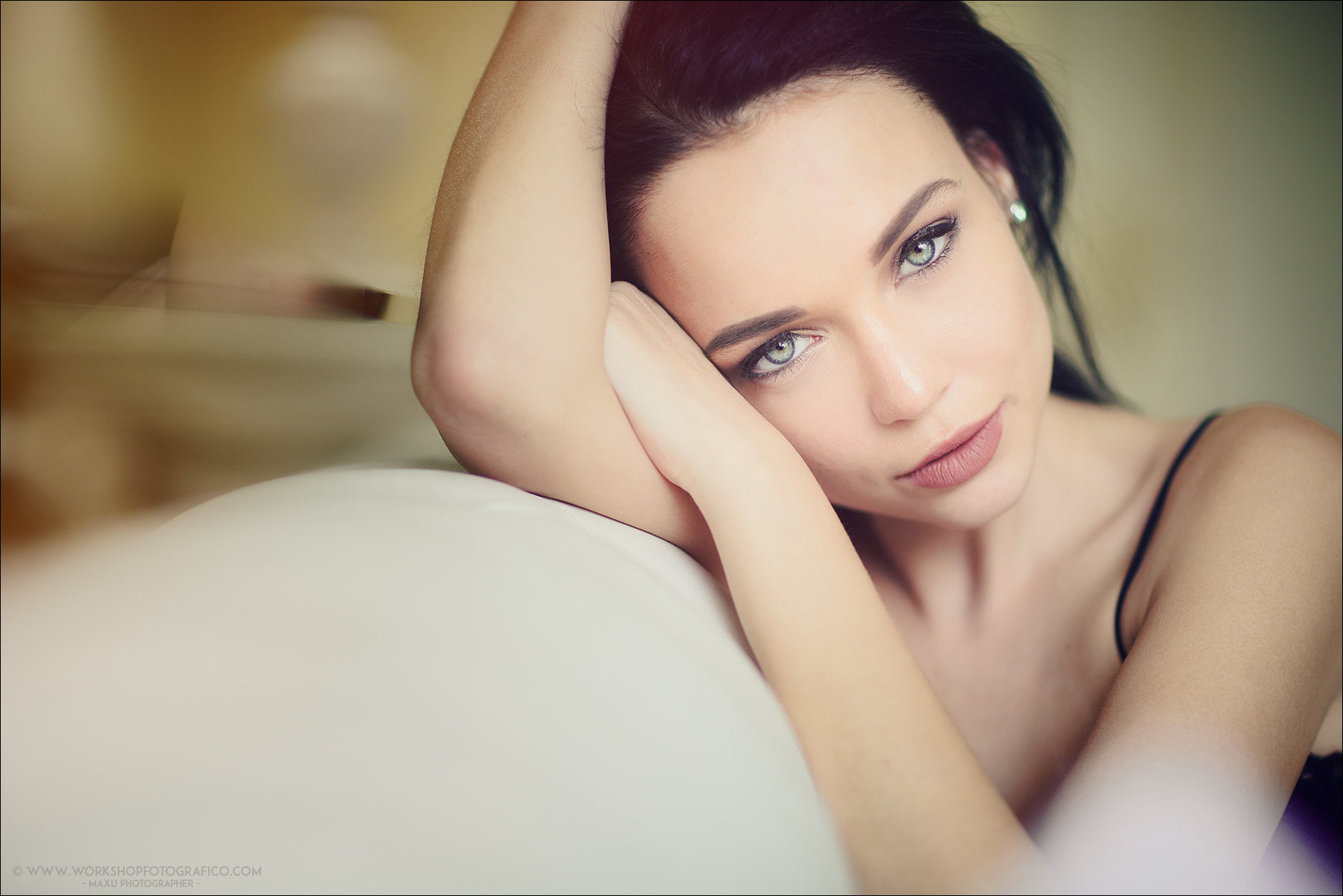 women s black spaghetti strap top brunette face portrait bokeh 2k