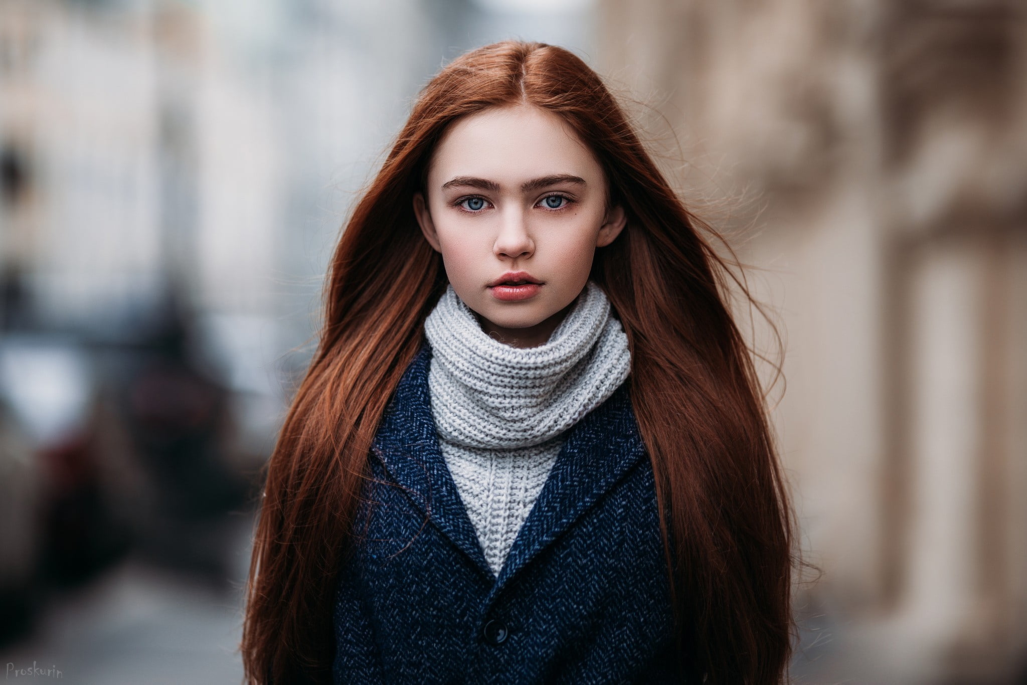 women s gray sweater woman wearing grey scarf and jacket redhead 2k
