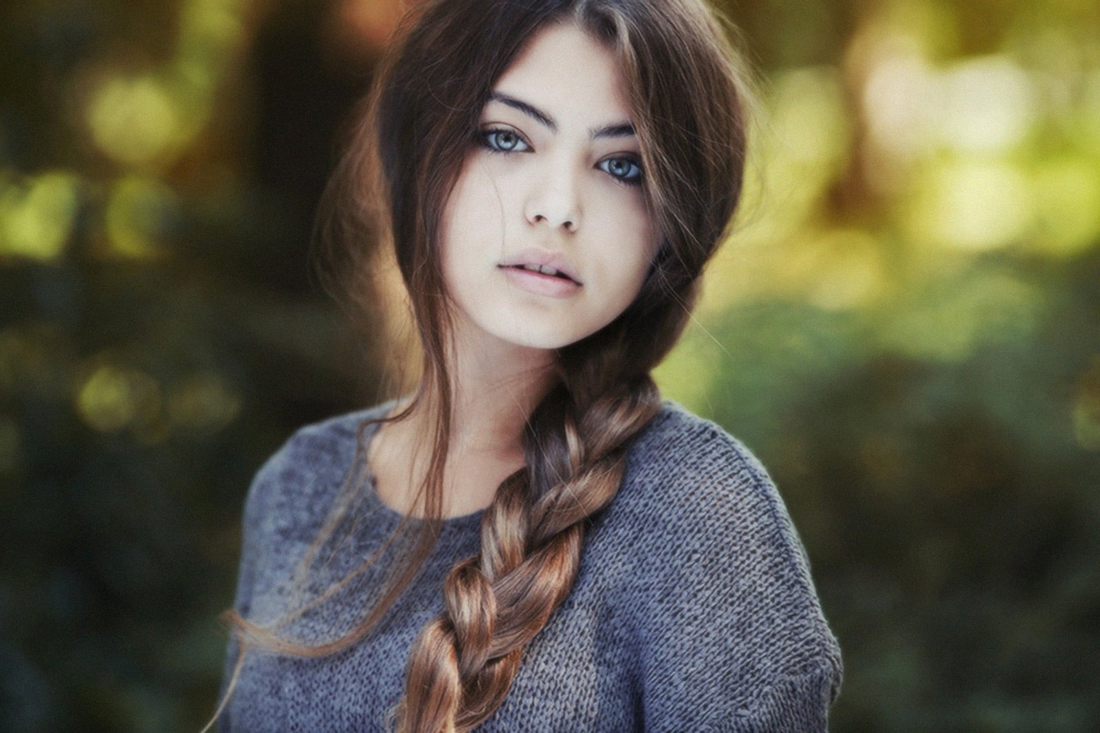 women s gray top model brunette braids green eyes portrait 2k
