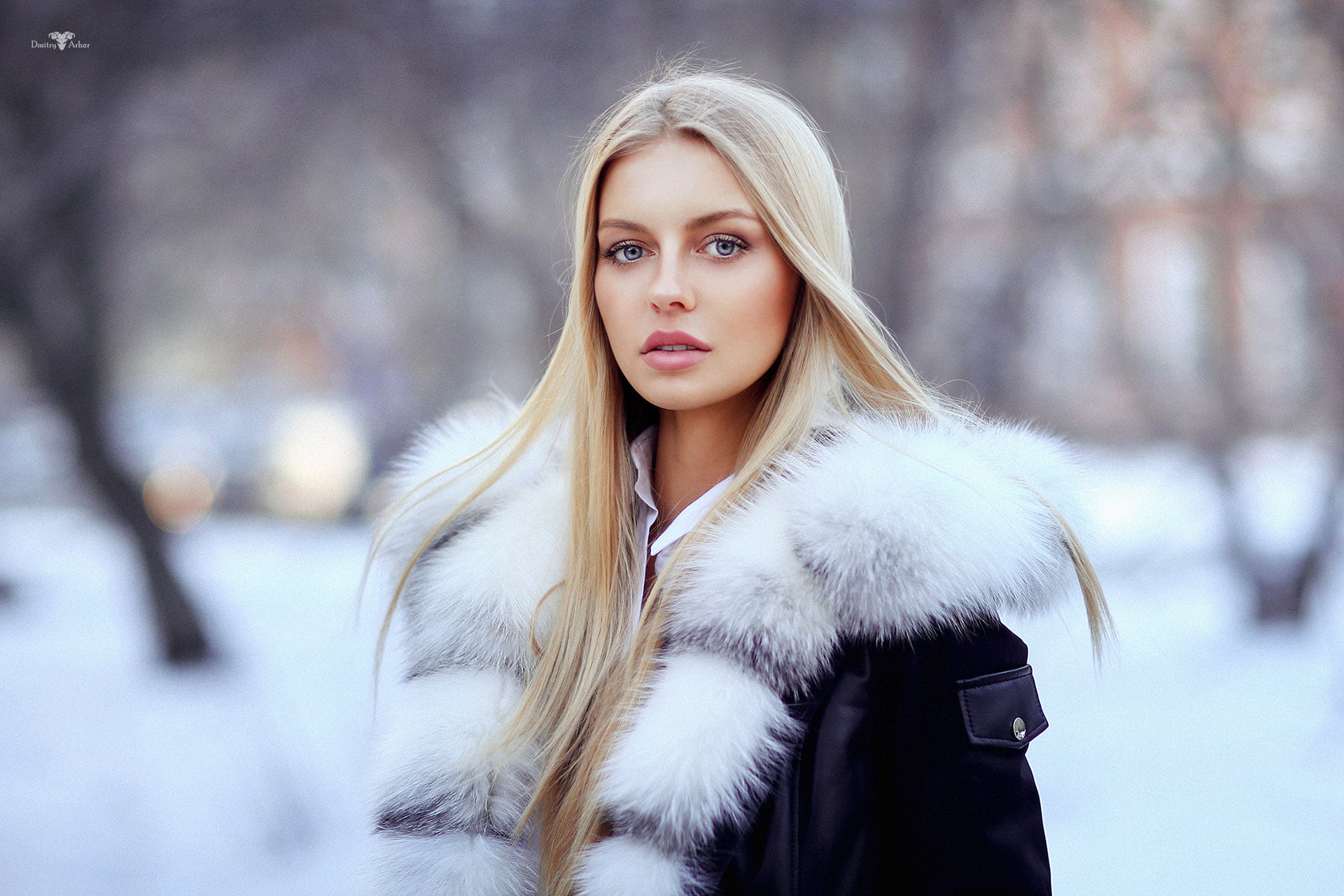 women s white and black fur line coat blonde face portrait 2k