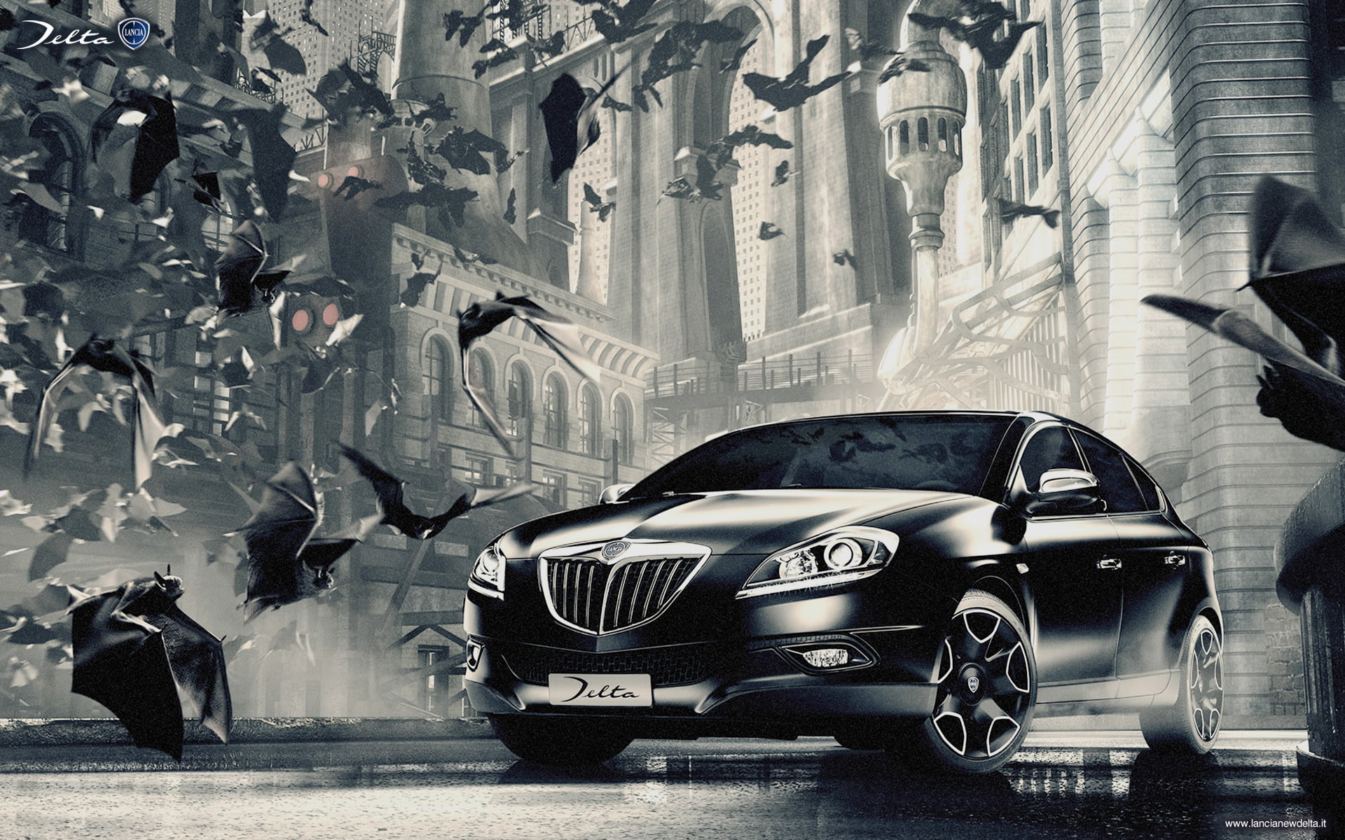black sedan mystic monochrome Gothic bats Lancia Delta 2k