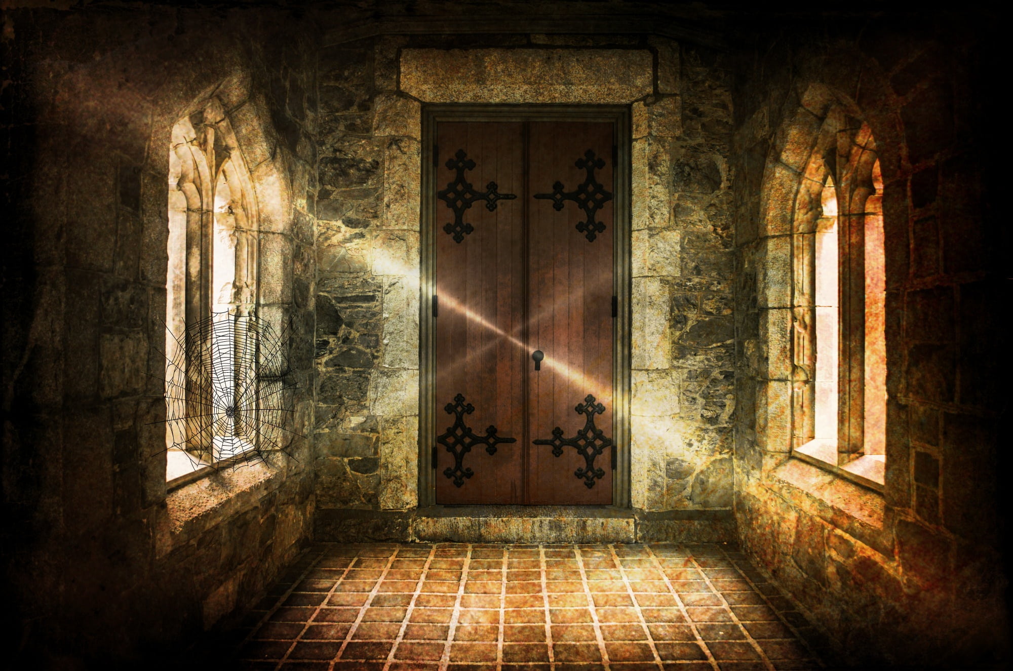 brown wooden door closed in golden hour photography haunted castle 2k
