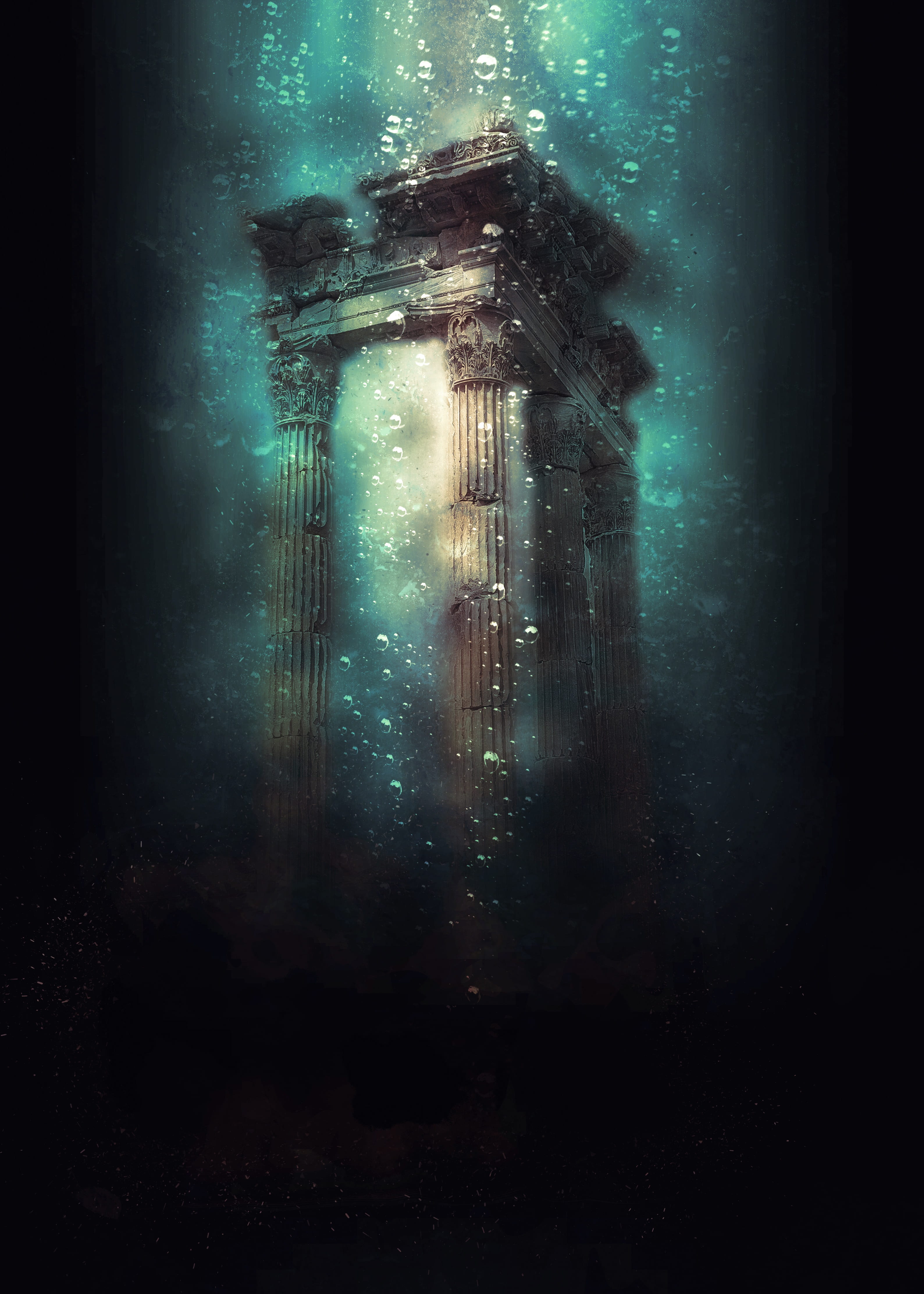 antique building in water illustration underwater fantasy mystic 2k