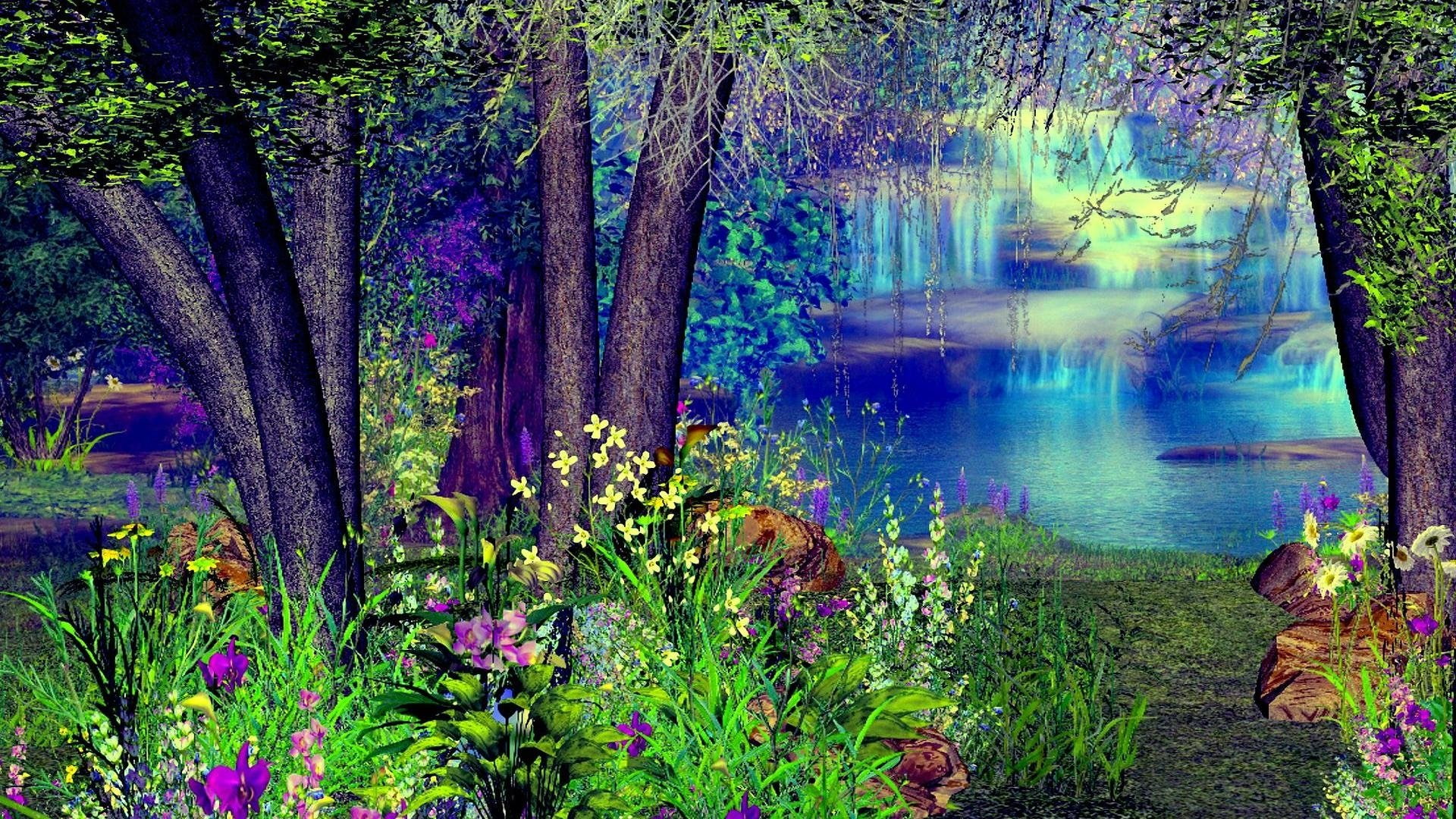 Artistic Lake Colorful Colors Fantasy Mystic Tree Waterfall 2k
